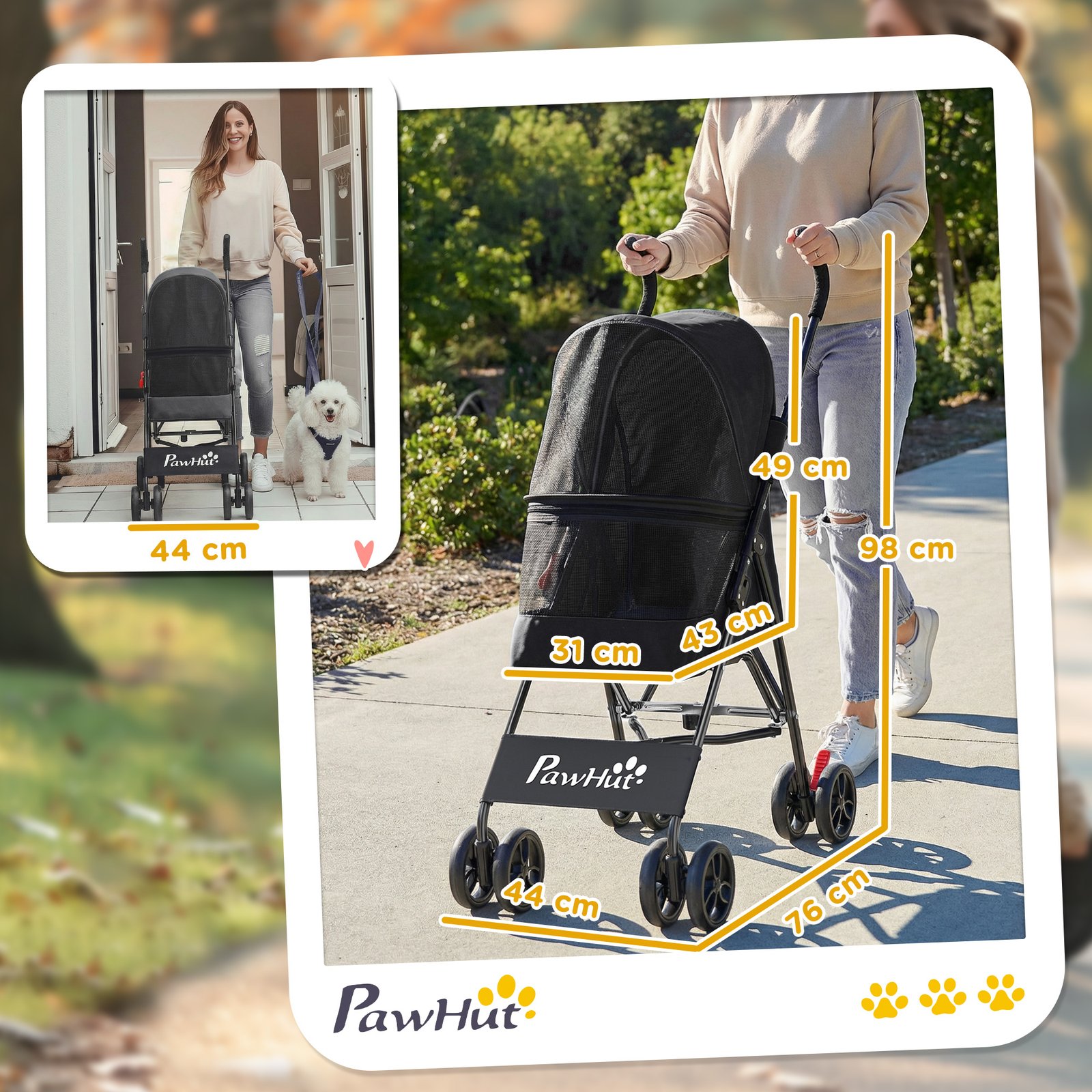 Dog Stroller, Foldable Cat Dog Pram for Miniature Breeds, Pet Stroller with Brake, Mesh Windows, Black