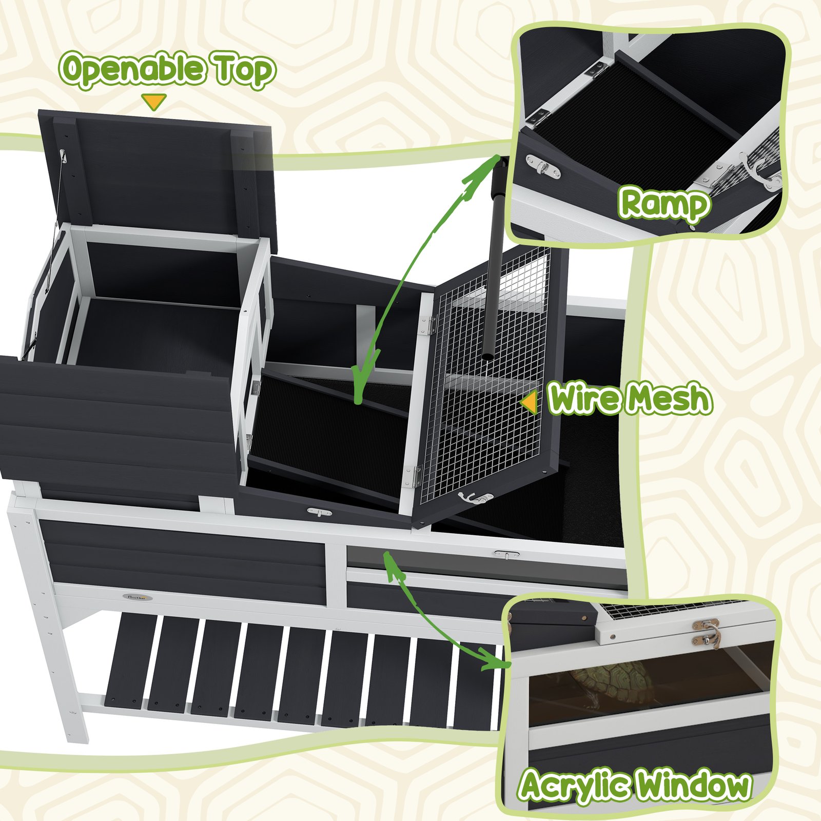 Wooden Tortoise Enclosure, Tortoise Tank w/ Adjustable Lamp Holder, Openable Lid, Removable Main House - Grey - Image 8