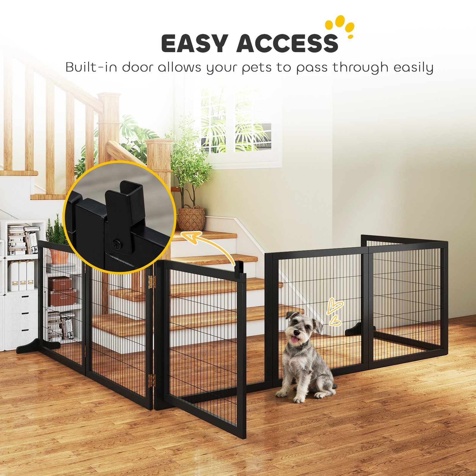 Wooden Pet Gate, Freestanding Dog Security Barrier with Two Support Feet - Black