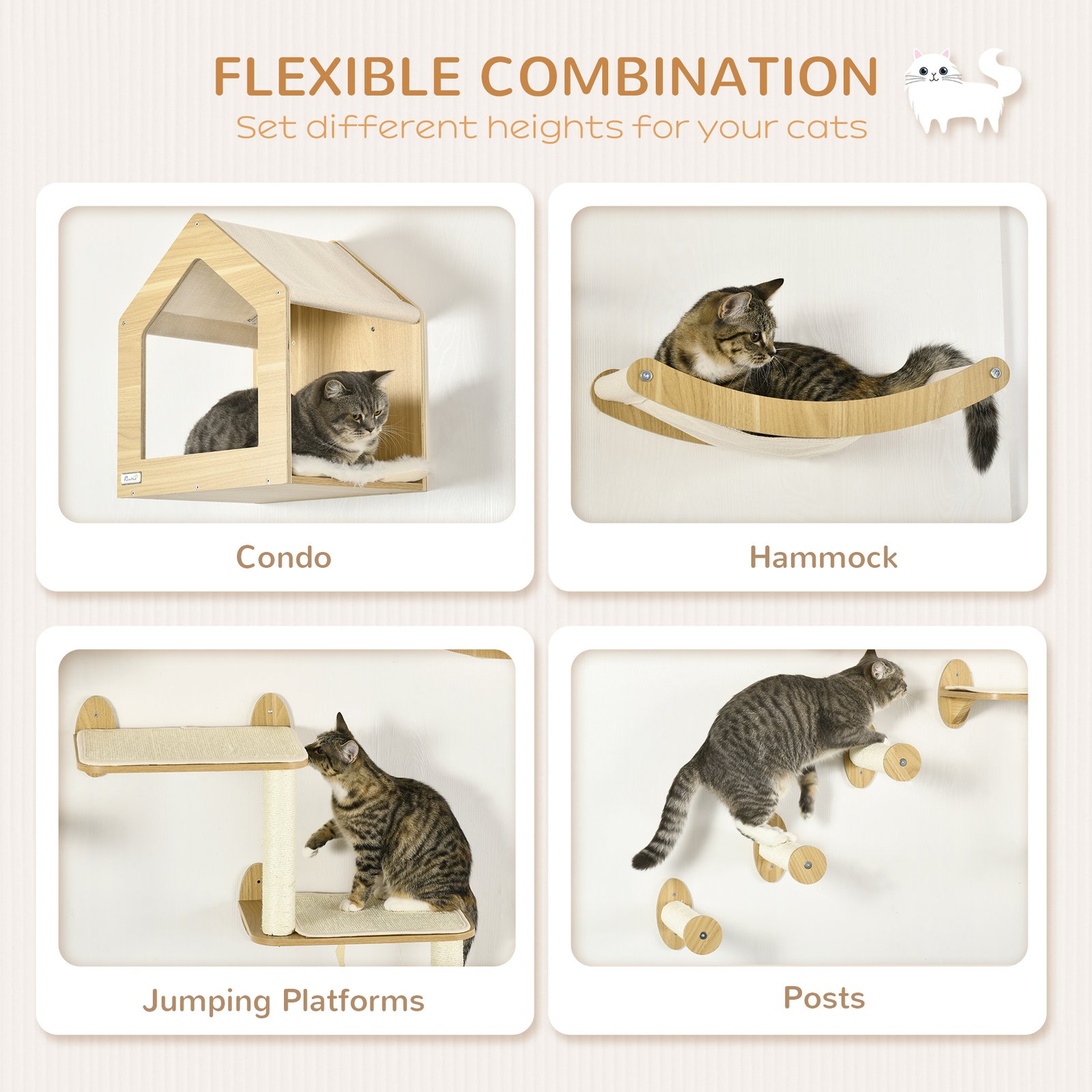 8 Piece Cat Shelves Set, with Cat House, Three Perches, Three Scratching Posts - Image 5