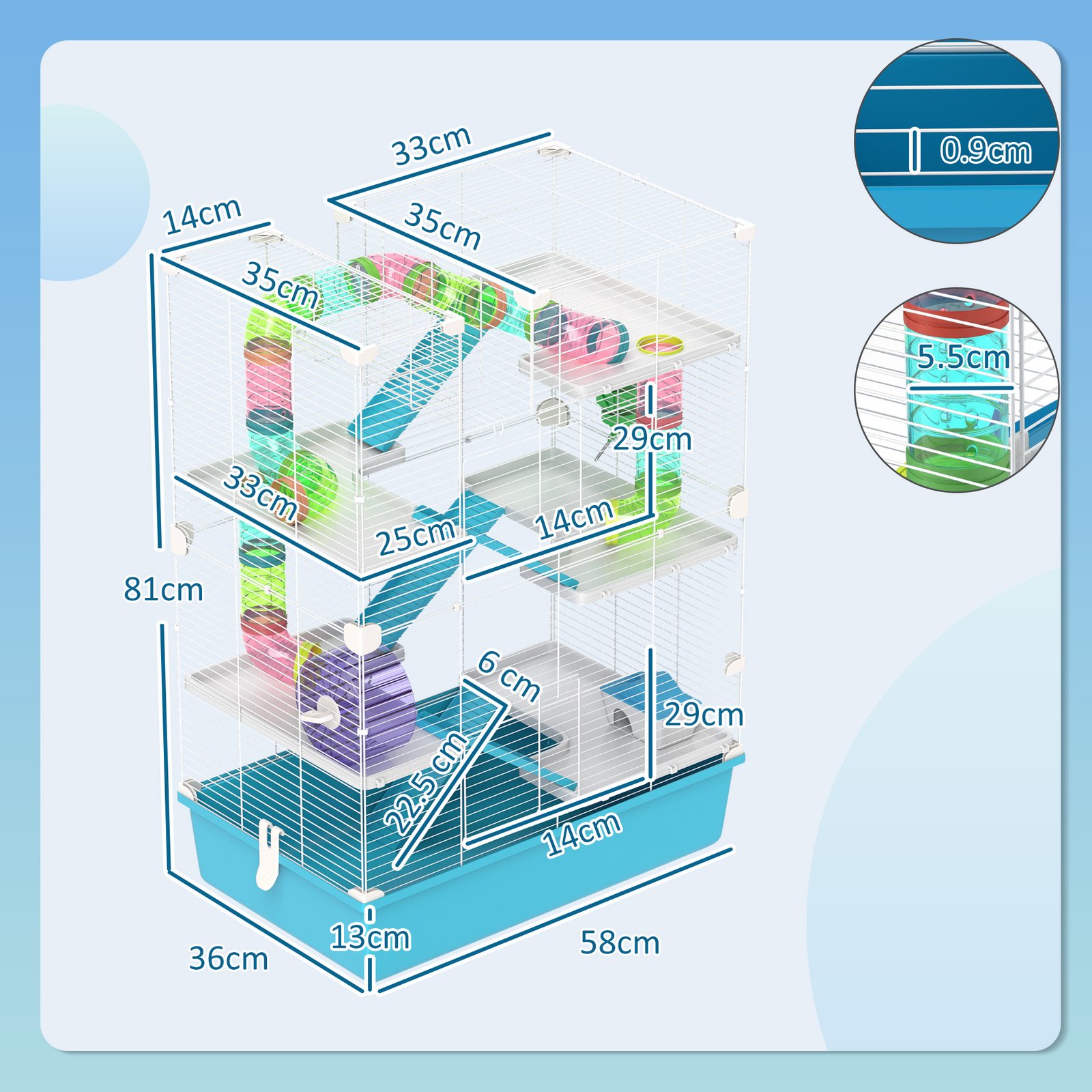 6 Tier Hamster Cage, Small Animal Cage with Tubes, Exercise Wheel, Ramps, Hut, Food Dish, Water Bottle, Light Blue