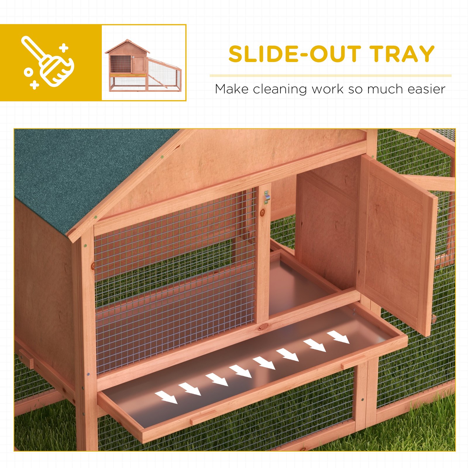 2 Tier Rabbit Hutch Outdoor, Guinea Pig Hutch, Solid Wood Bunny House, Water Resistant Asphalt Roof Ramp Sliding tray 144 x 64.5 x 100 cm - Image 6