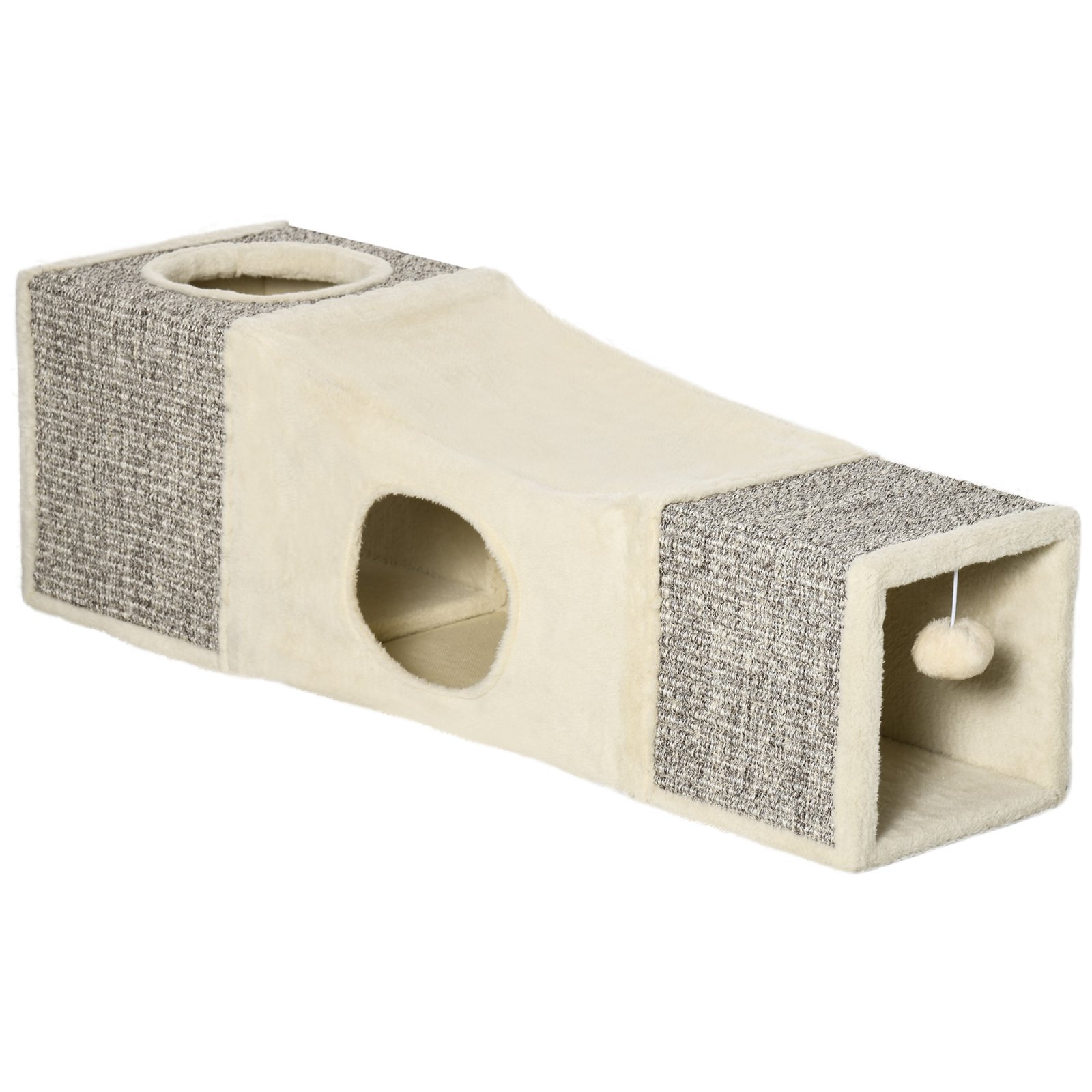 Cat Tunnel, Plush Large Play Tunnel with Two Caves and Hanging Ball, Cream White