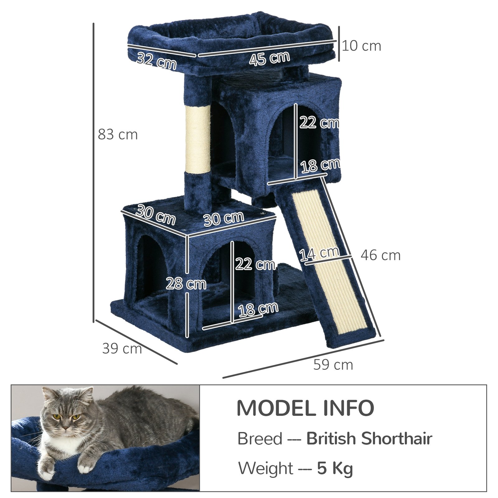 Sisal Cat Rest & Play Activity Tree w/ 2 House Navy Blue - Image 3