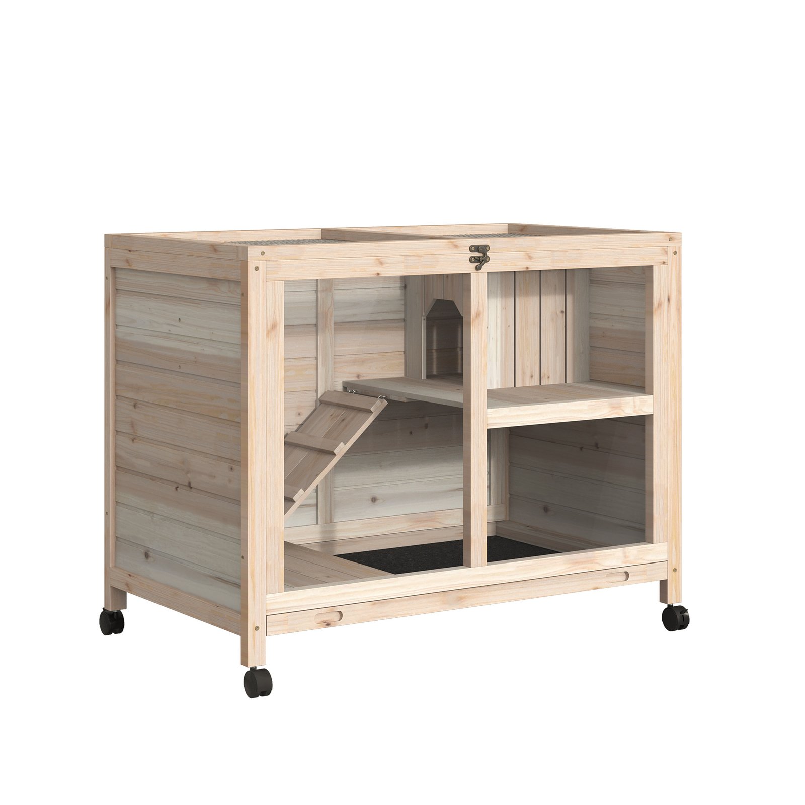Rabbit Hutch Indoor with Wheels, Wooden Guinea Pig Hutch Hamster Cage, 2 Layers Bunny Cage with Openable Roof, Transparent Panel, 91.5 x 53.3 x 73 cm, Natural