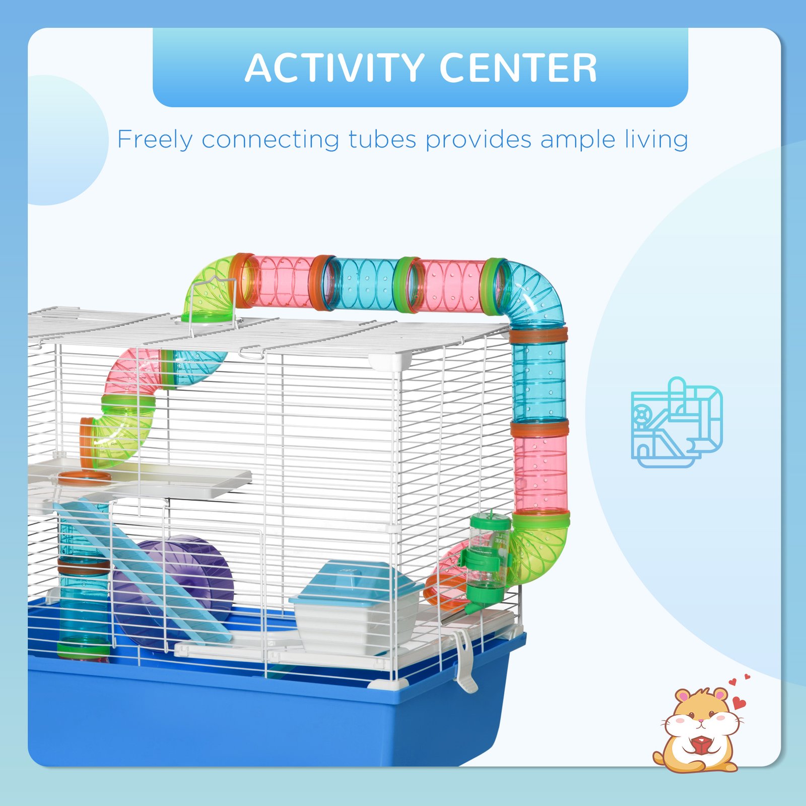 Hamster Cage, Gerbil Cage 3 Tier for Dwarf Hamster with Tube, Exercise Wheel, Water Bottle, Food Dish 59 x 36 x 47 cm- Blue - Image 7