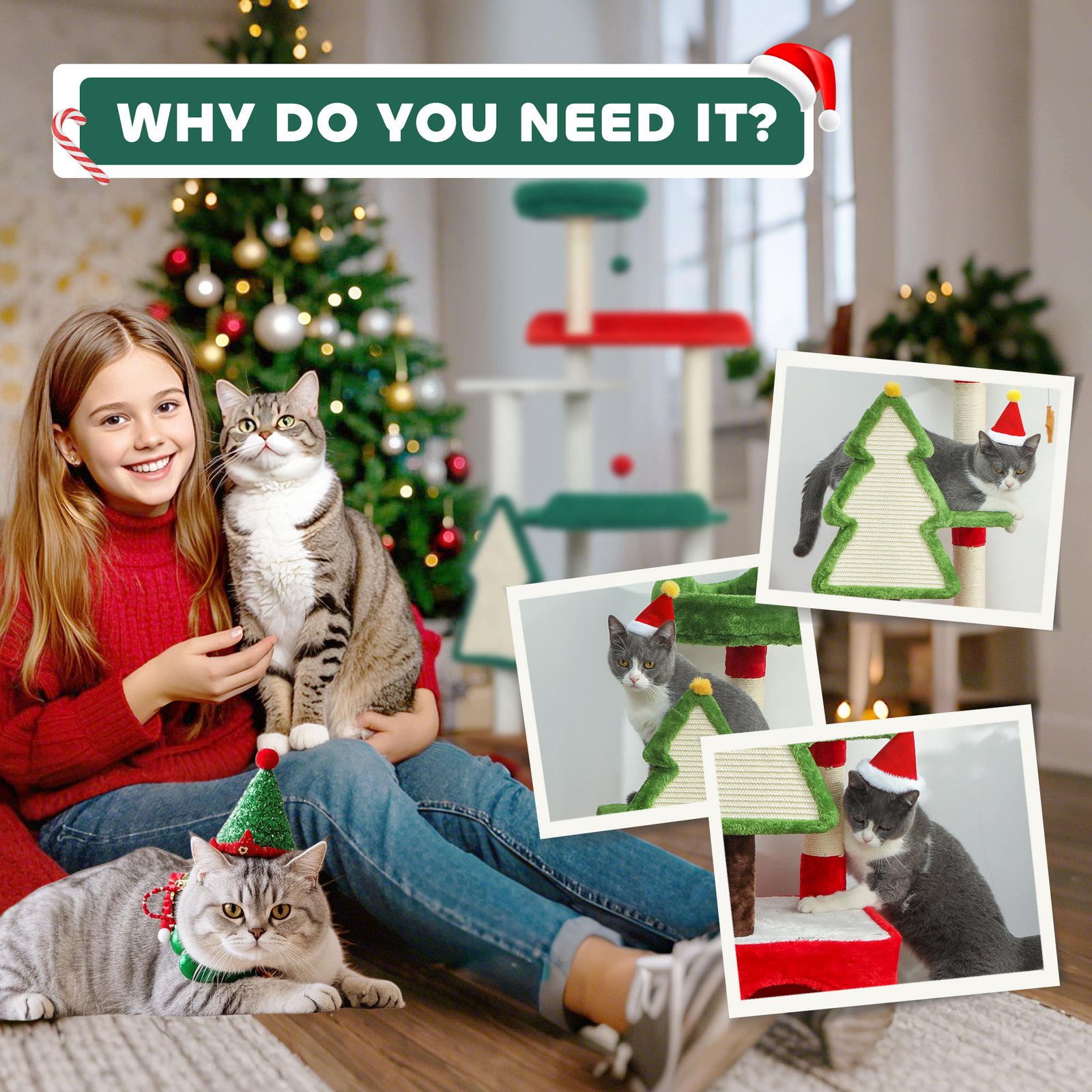 Christmas Cat Tree, 120cm Cat Tower with Scratching Post & Board, Platform, Toys, Green - Image 8