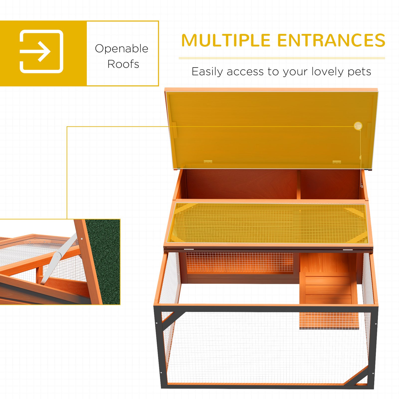 Rabbit Hutch Outdoor Guinea Pig Hutch with Run Small Animal Off-ground Duck House Hideaway Garden with Openable Roof 125.5 x 100 x 49cm Orange
