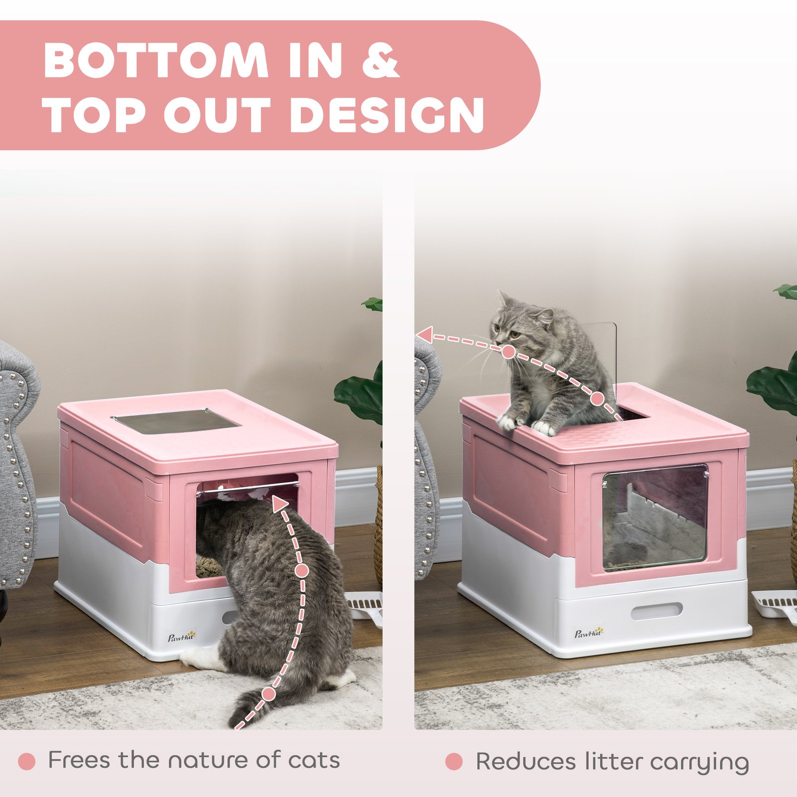 Hooded Cat Litter Box, Portable Pet Toilet, with Scoop, Front Entry - Pink