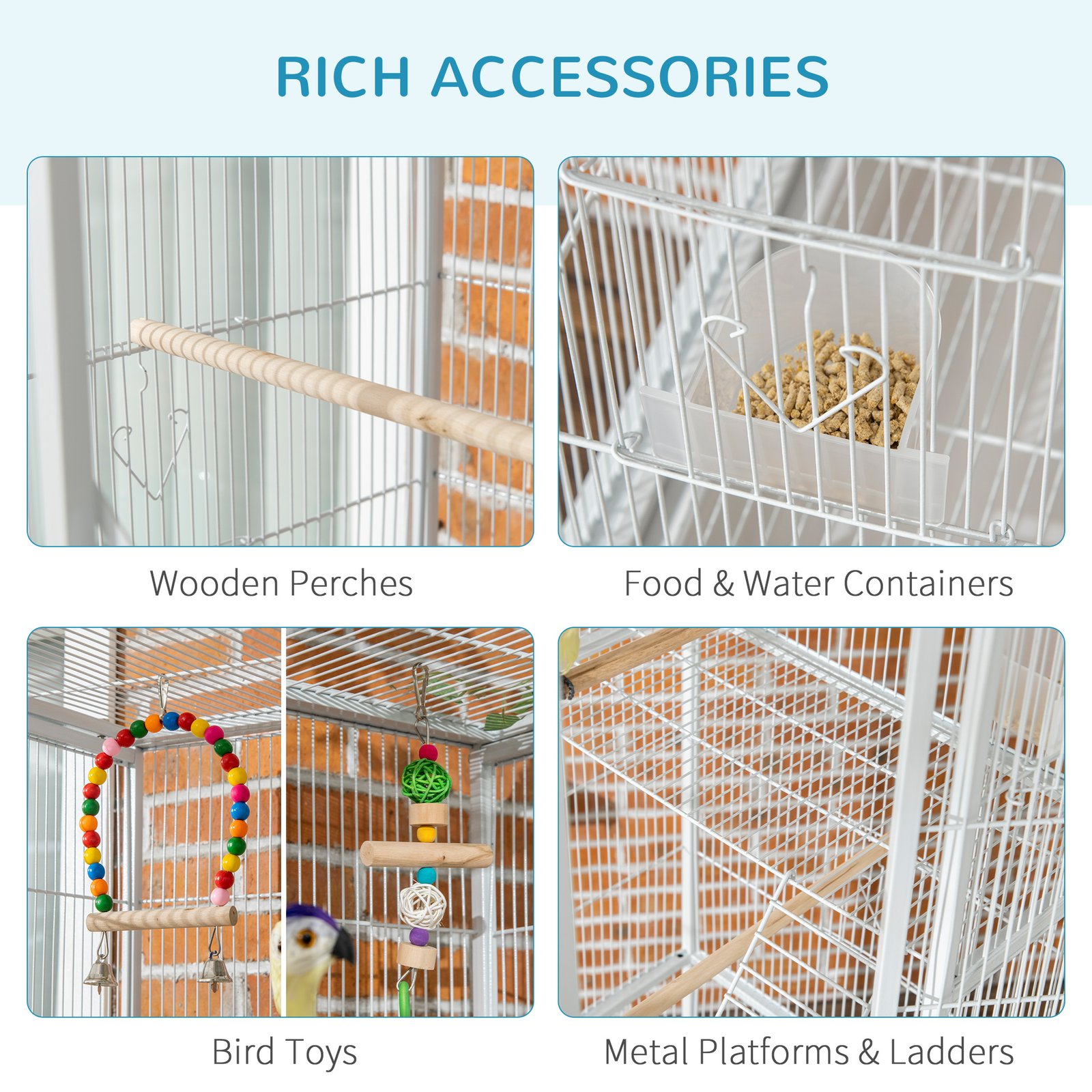 Large Bird Cage Budgie Cage 3 Tier Aviary with Stand Wheels, Toys, Ladders, Shelf for Canaries, Finches, Cockatiels, Parakeets - White - Image 5