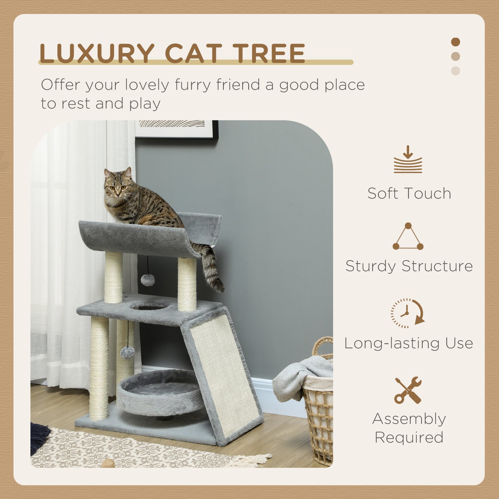 Cat Tree Tower, with Scratching Posts, Pad, Bed, Perch, Toy Ball - Light Grey