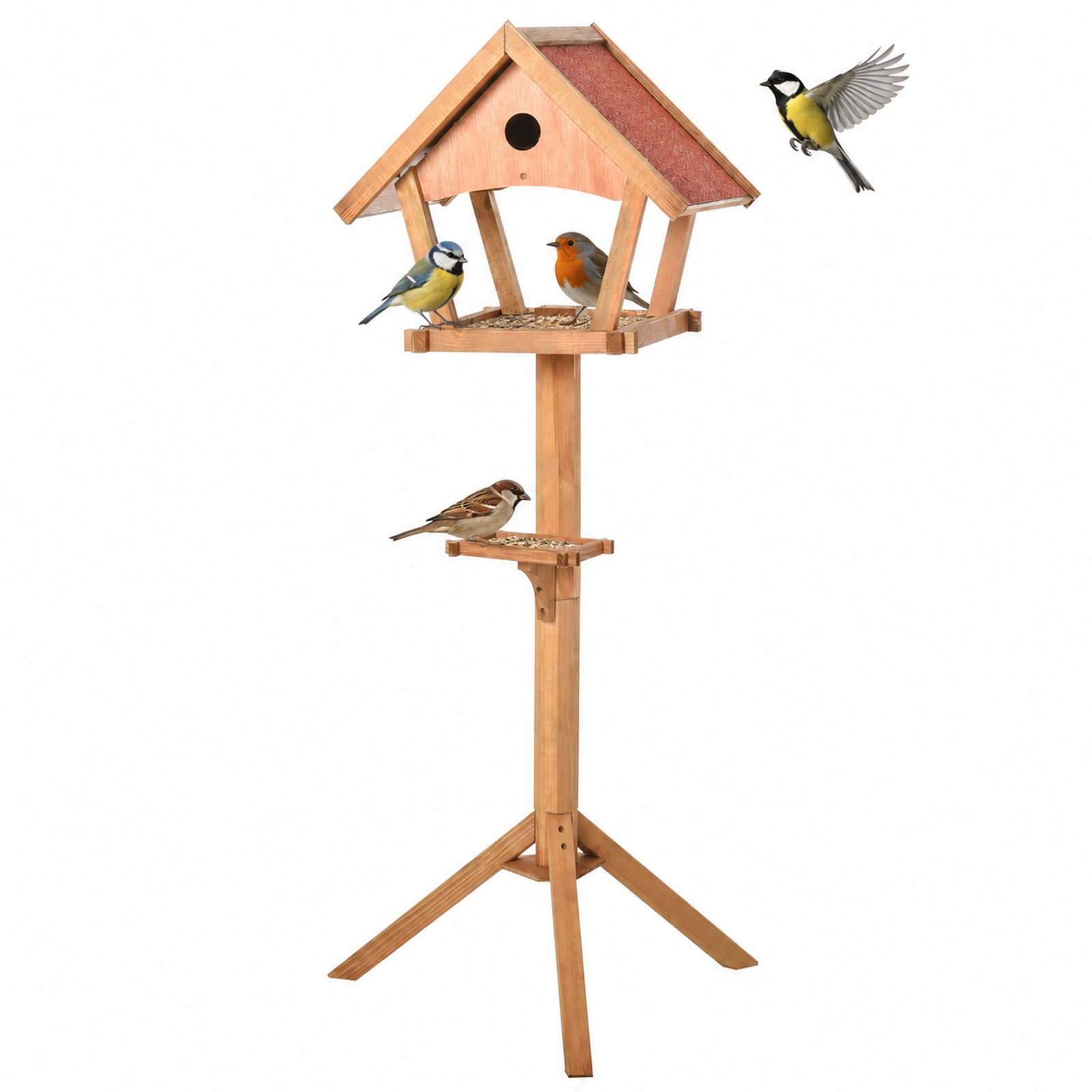 Wooden Bird Table Freestanding Feeding Station for Garden Outside,139H cm, Natural