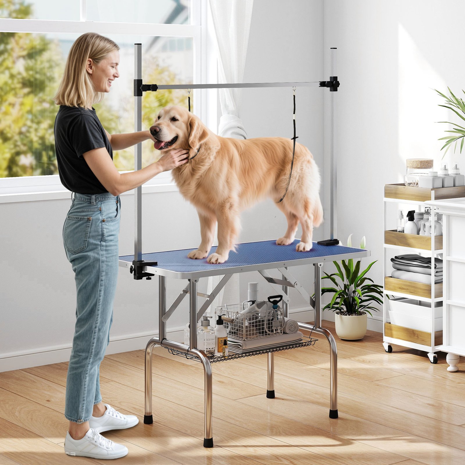 42" Dog Grooming Table, Adjustable Pet Cat Drying Beauty Table with 2 Loops Storage Basket, Rubber Top, Blue