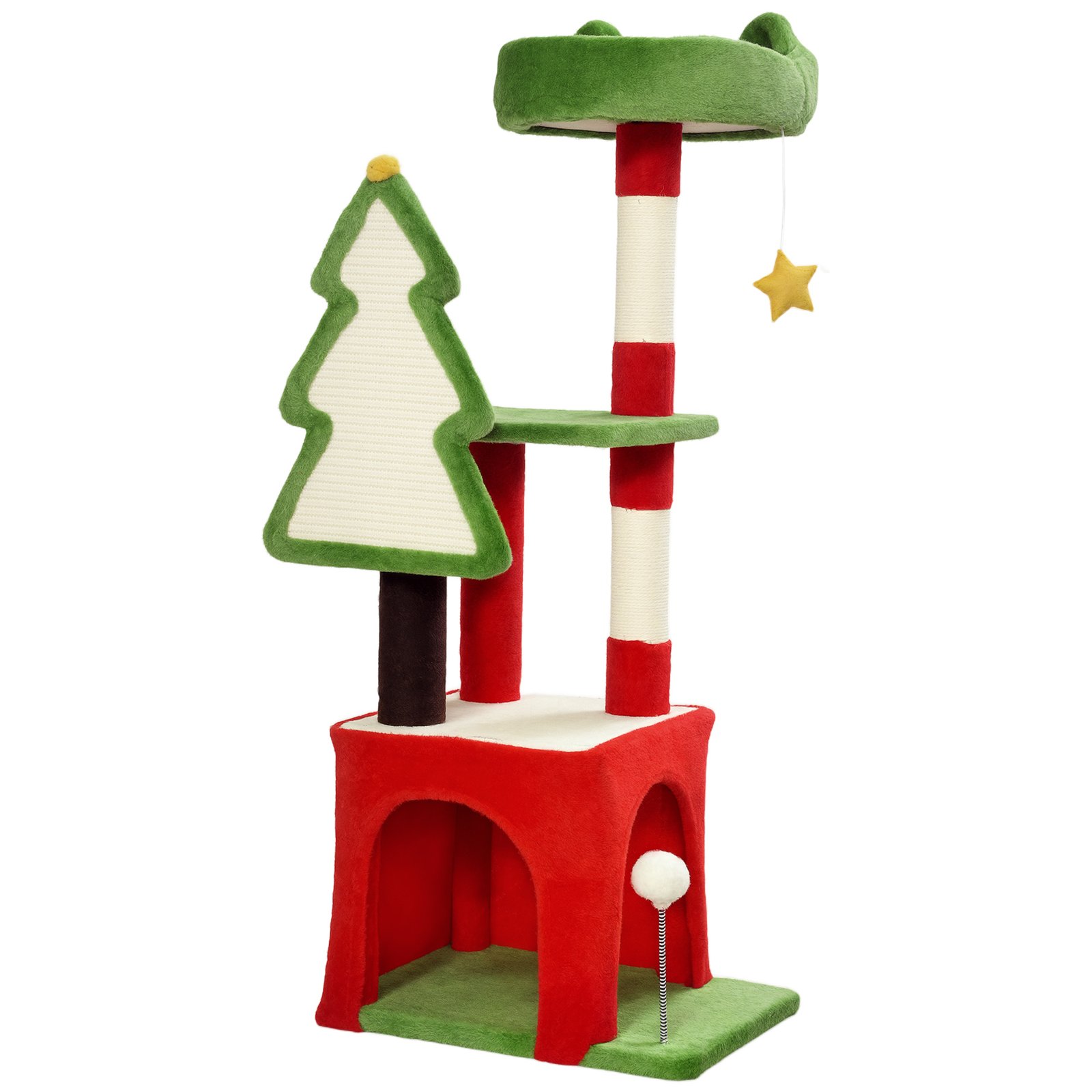 Christmas Cat Tree, 120cm Cat Tower with Scratching Post & Board, Platform, Toys, Green