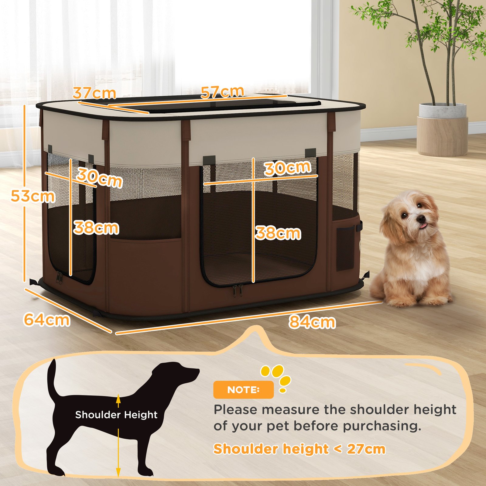 Foldable Dog Pen with Storage Bag for Indoor/Outdoor Use, Portable Pet playpen, with Ground Stakes - Brown