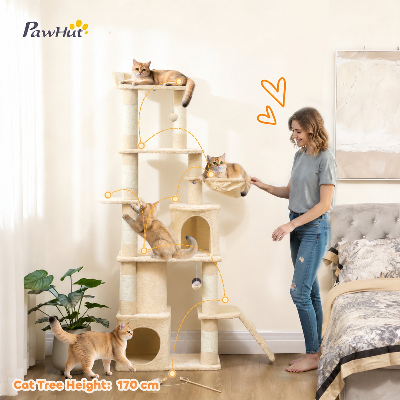 170 cm Large Cat Tree, Cat Tower with 7 Scratching Posts, Tunnel, 2 Condos, Hammock, Perch, Ramp, Pompoms, Beige