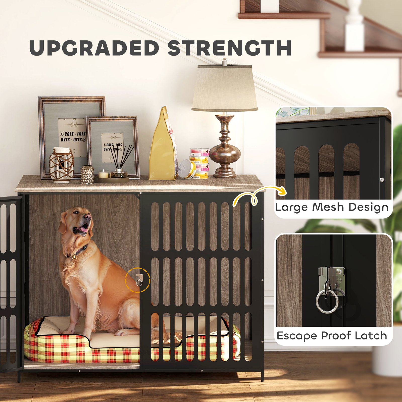 Dog Crate Furniture with Anti-Chew Resistant Mesh, Anti-Escape Single Door, for Extra Large Dogs, 118 x 80 x 92 cm - Image 5