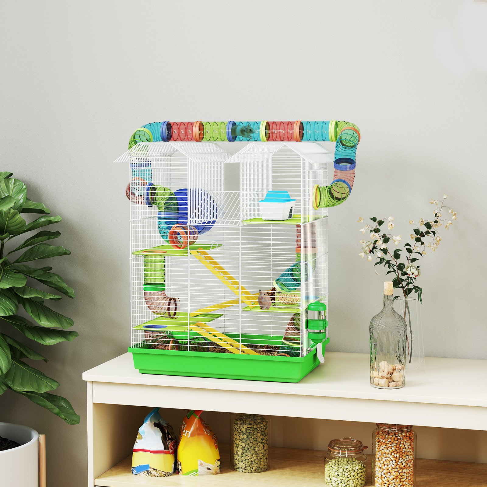 Hamster Cage, 5 Tier Carrier Habitat with Exercise Wheels Tunnel Tube Water Bottle Dishes House Ladder, Gerbil Cage for Dwarf Mice, Green - Image 8
