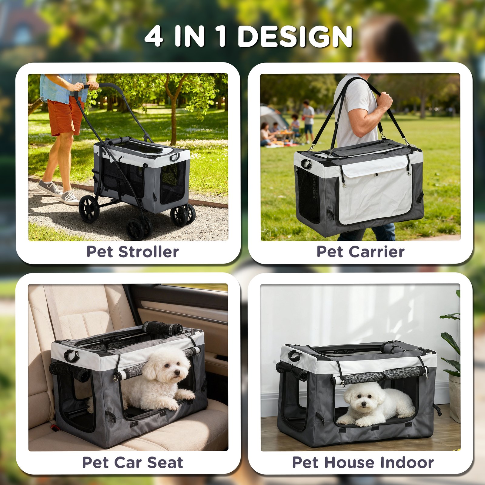 Foldable Dog Stroller, Pet Travel Crate, with Detachable Carrier, Soft Padding, for Mini, Small Dogs - Grey - Image 5