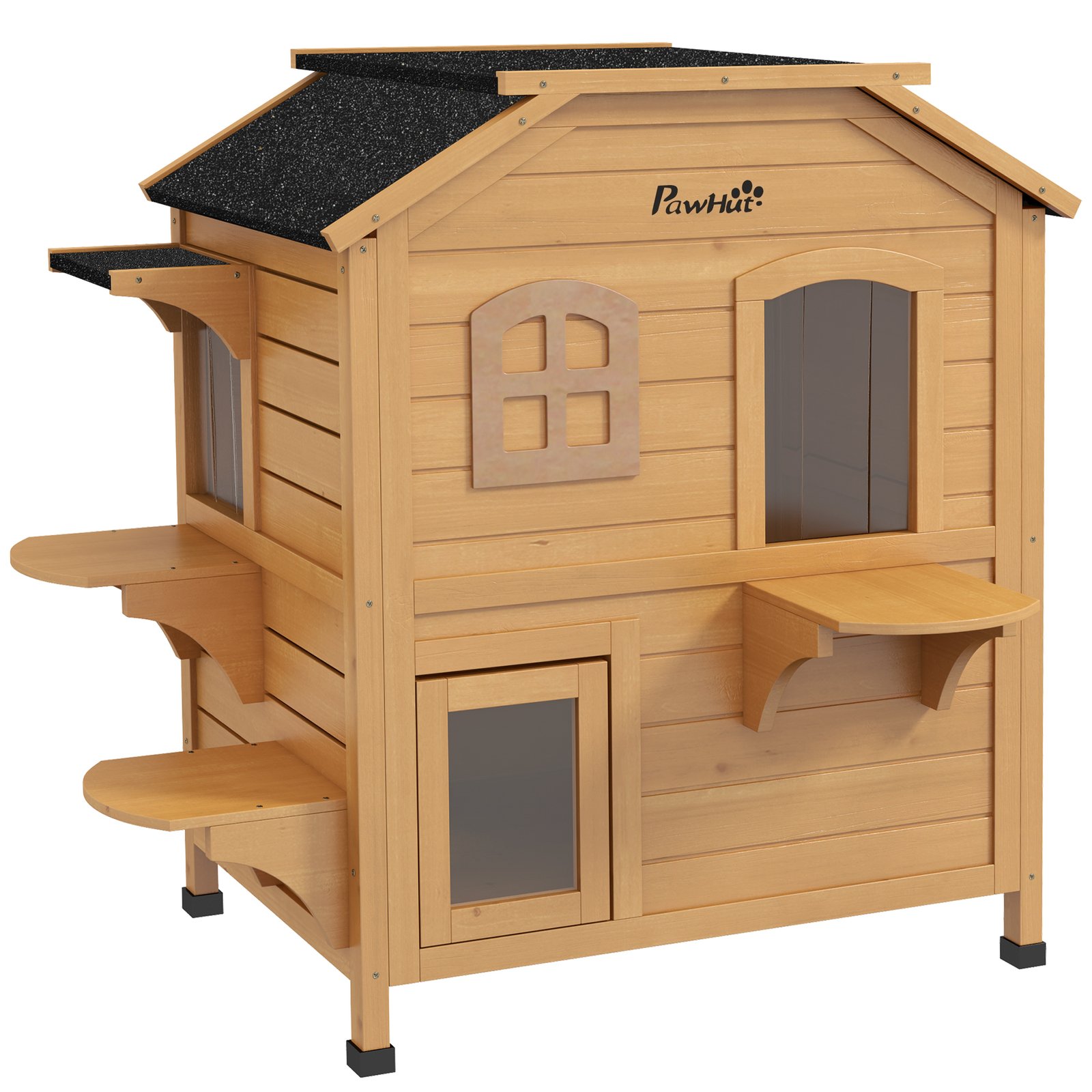  2-story Cat House Outdoor, Weatherproof Wooden Cat Enclosure with Openable Roof, Jumping Platforms, Natural Wood Finish