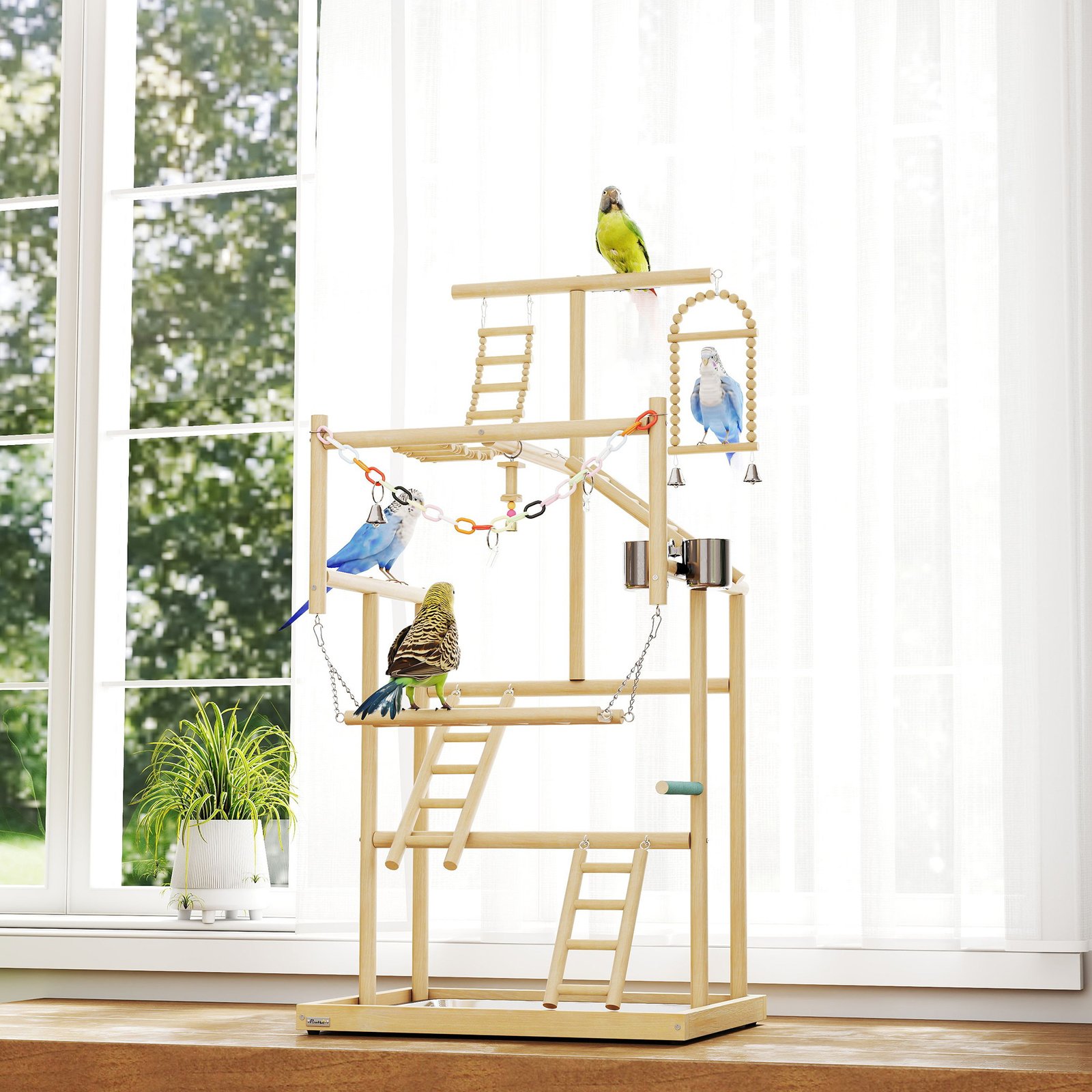 95 cm Wooden Bird Playground with Ladders, Chain Toy, Stainless Steel Cups and Tray, Bird Cage Accessories, Natural