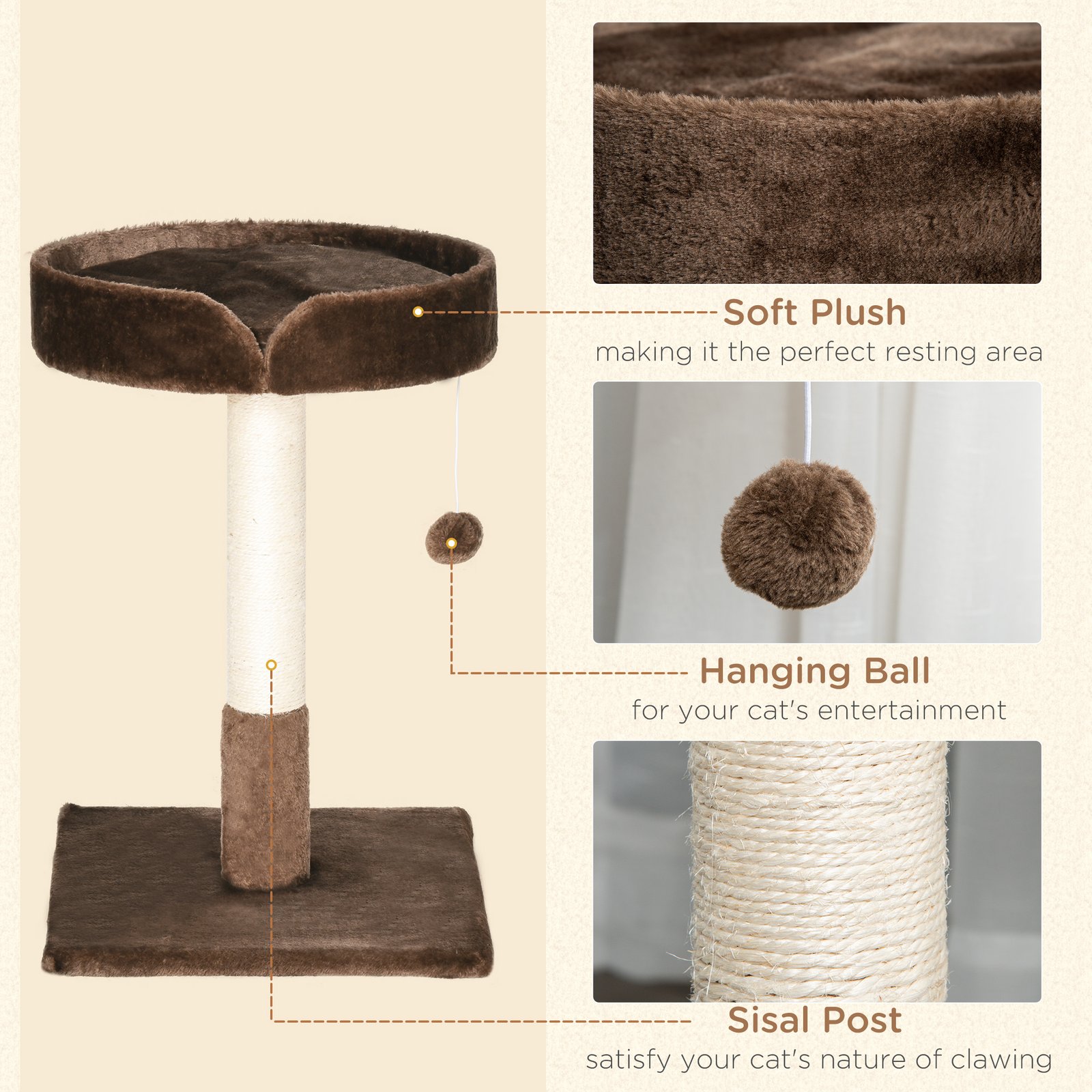 Small Cat Tree for Indoor Cats with Sisal Scratching Post Kitten Bed Cushion Ball Toy, Brown, 45x45x70 cm - Image 5