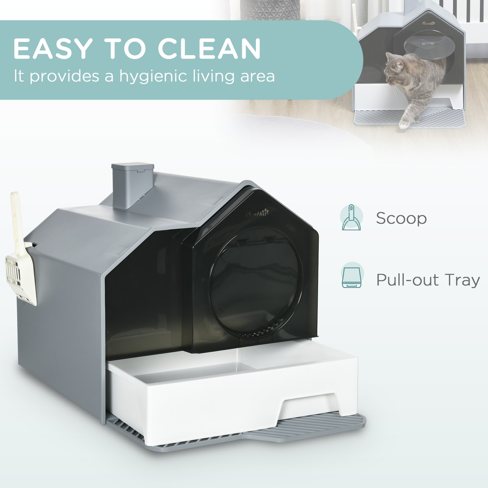 Hooded Cat Litter Tray with Scoop, Cat Litter Box with Drawer Pan, Handle, Deodorants, Hut Design, Front Entrance, 47 x 45 x 42cm - Grey
