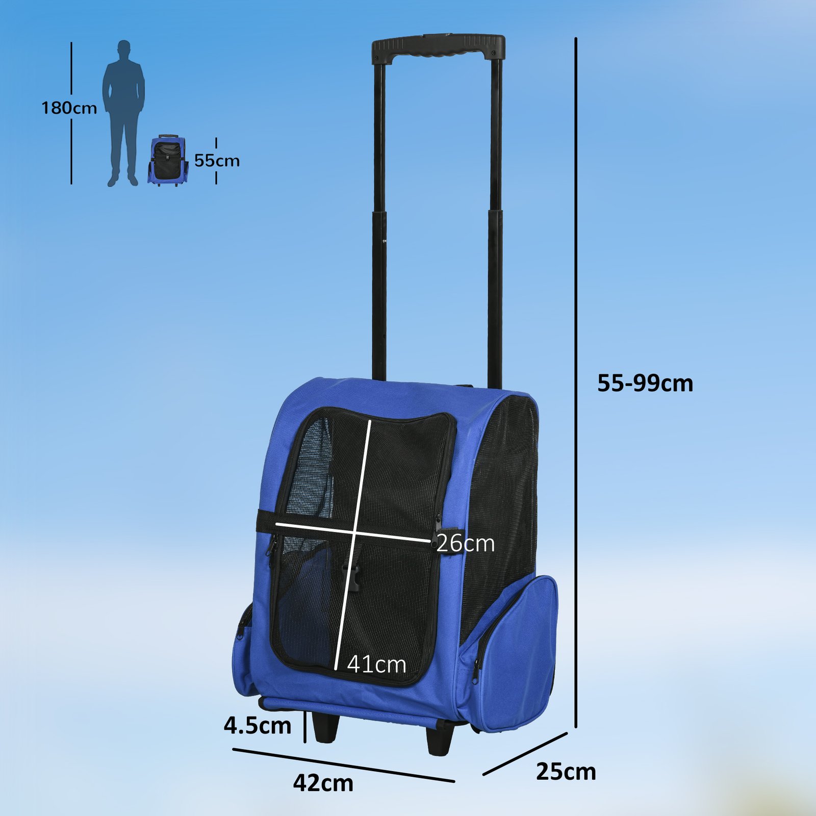2 in 1 Dog Backpack and Trolley, Pet Travel Backpack Cat Dog Carrier with Telescopic Handle, Portable Pet Stroller Wheel Luggage Bag (Blue)