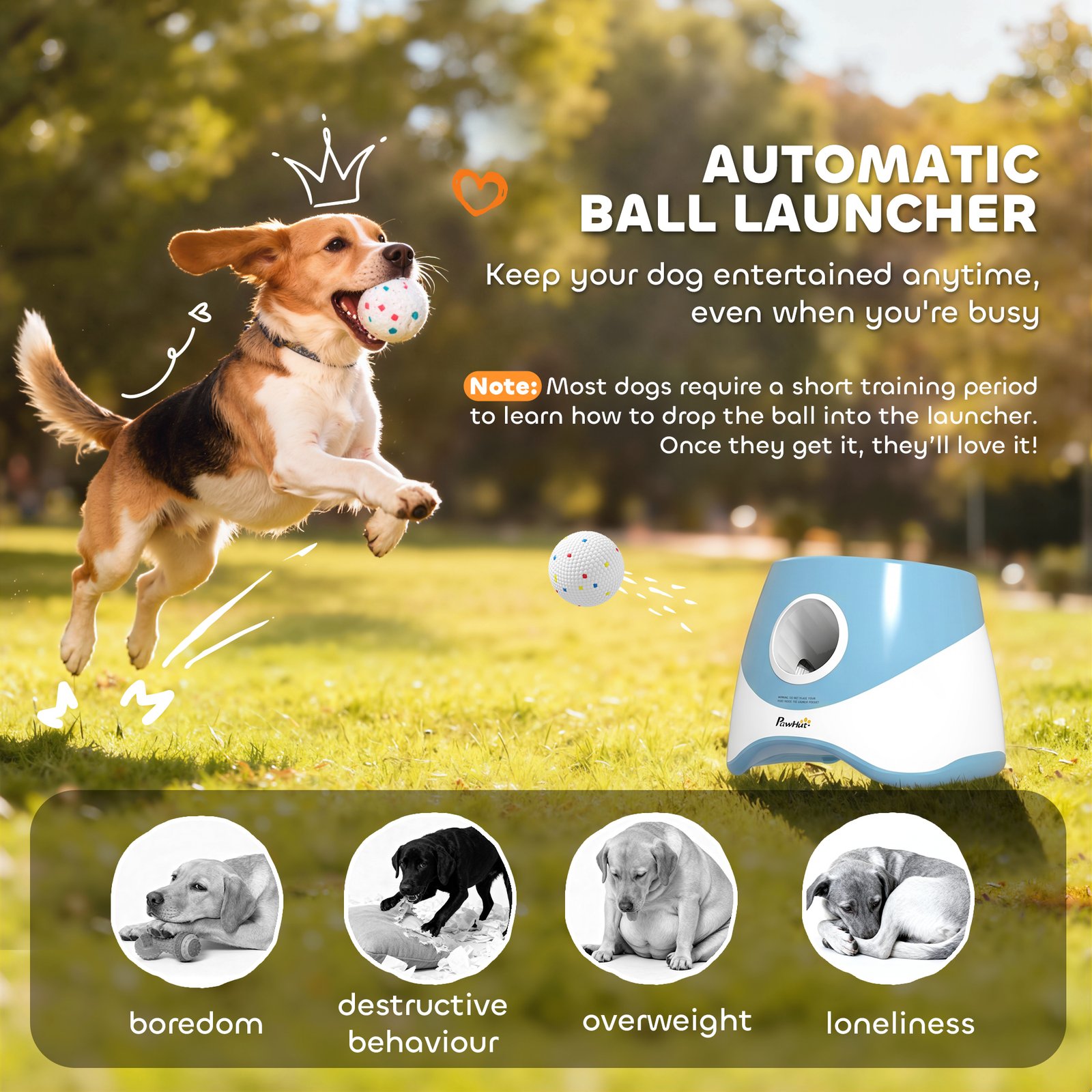 Automatic Dog Ball Launcher with 5 ETPU Balls 5.8 cm, 3 Distance Settings 6/10/14 m, Blue