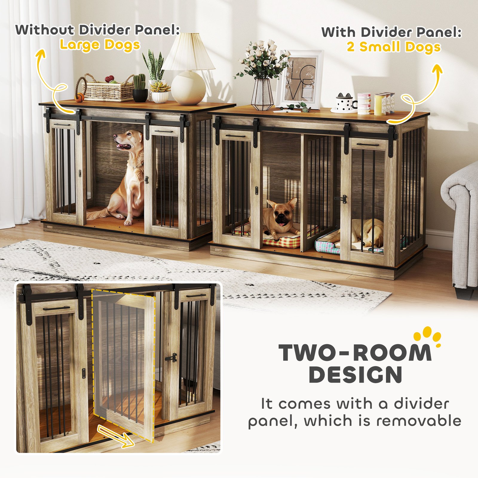 Dog Crate Furniture for Large Dogs, Double Dog Cage for Small Dogs, with Sliding Doors - Oak Tone - Image 5