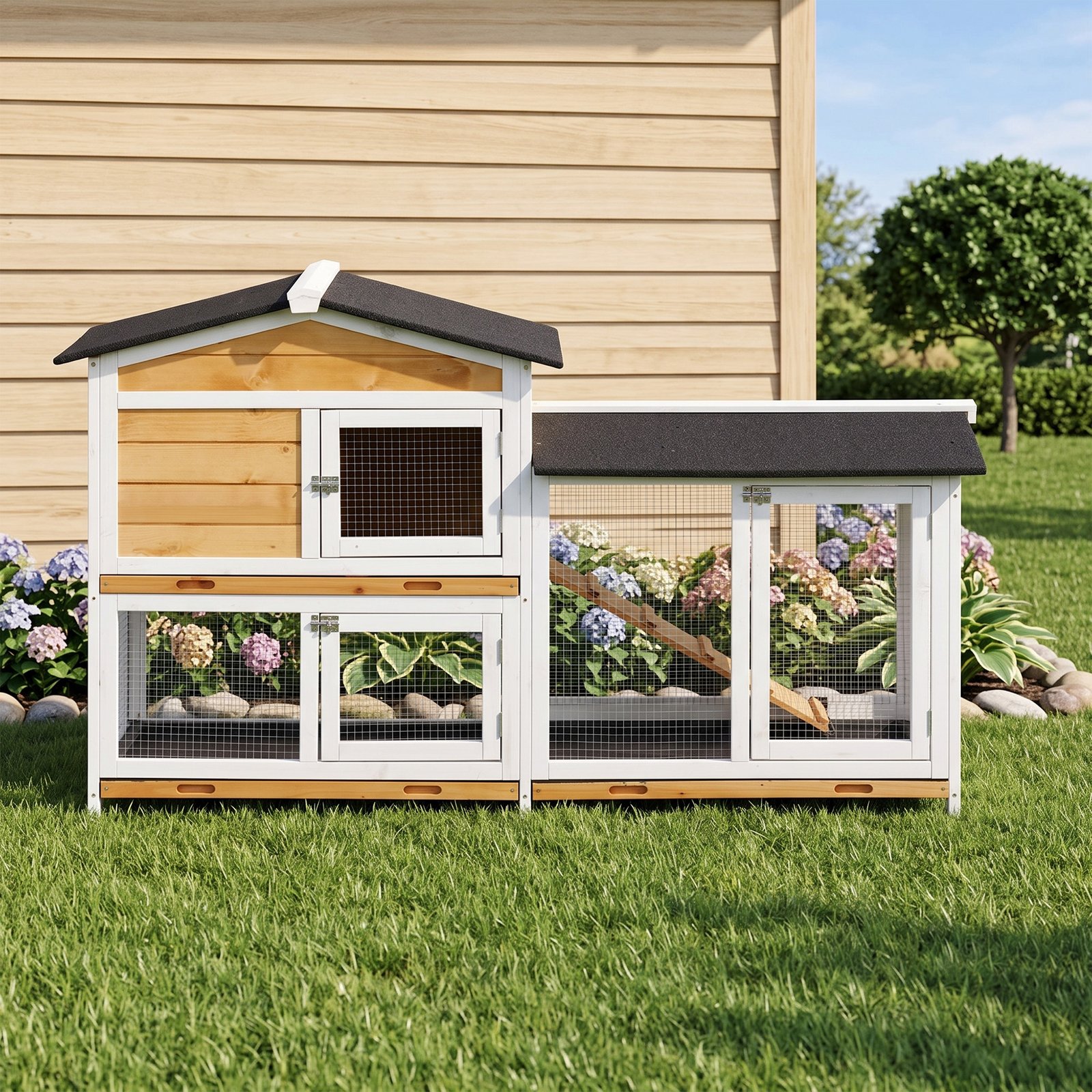 Rabbit Hutch Guinea Pig Hutch Wooden House with Run, 2 Tier Pet Cage Outdoor with No-leak Plastic Trays, 157.4 x 53 x 93.5cm, Yellow