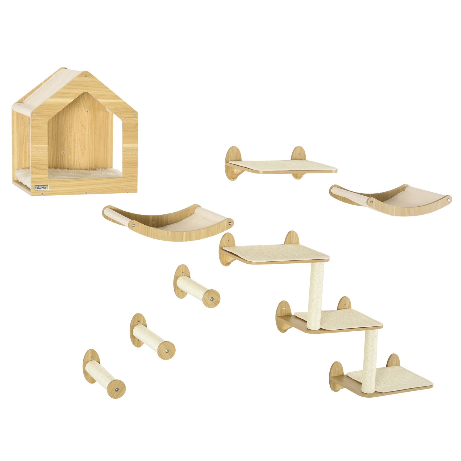 8 Piece Cat Shelves Set, with Cat House, Three Perches, Three Scratching Posts