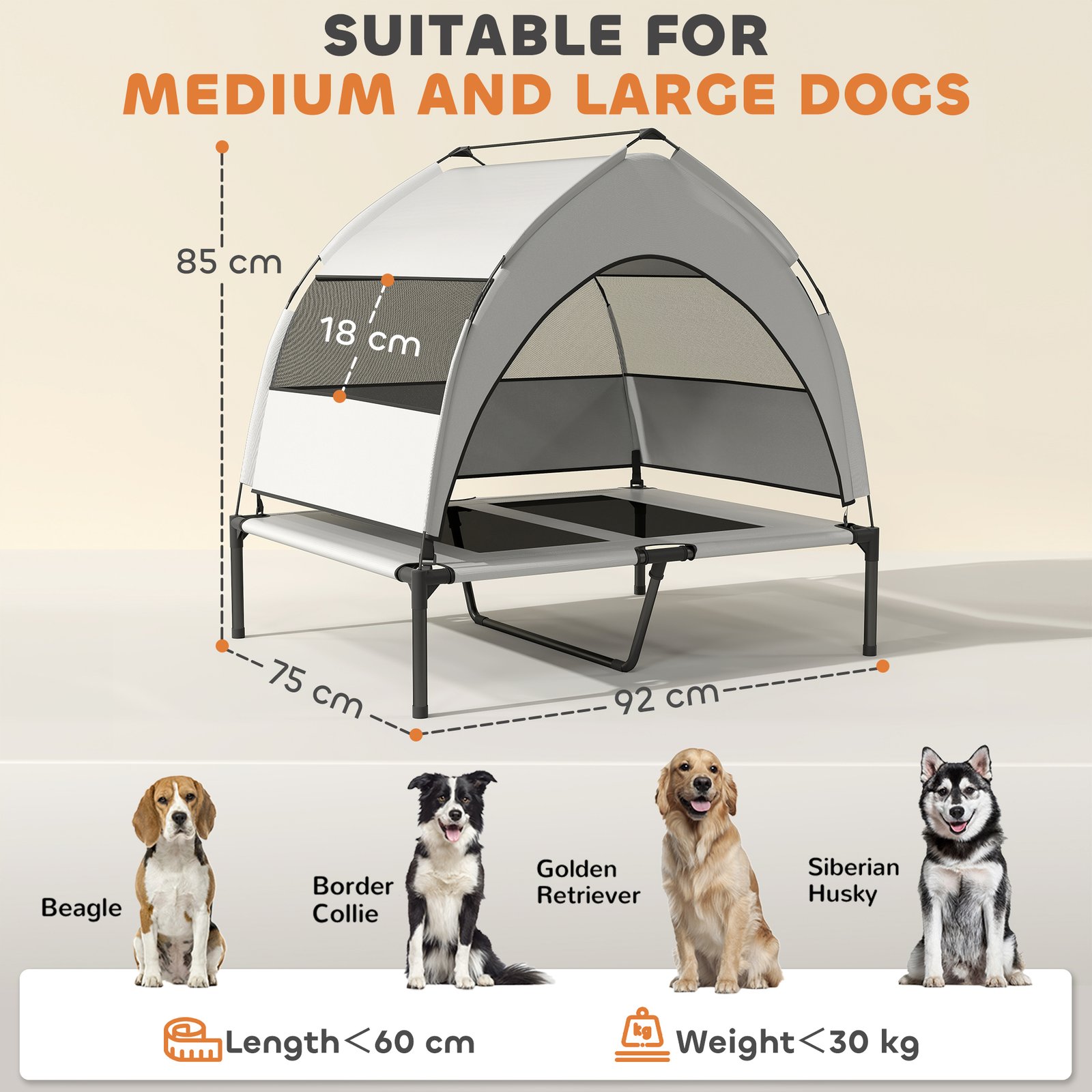 Portable Elevated Dog Bed with Removable Canopy, Cooling Raised Pet Cot for Medium Large Dogs, 92 x 75 x 85 cm