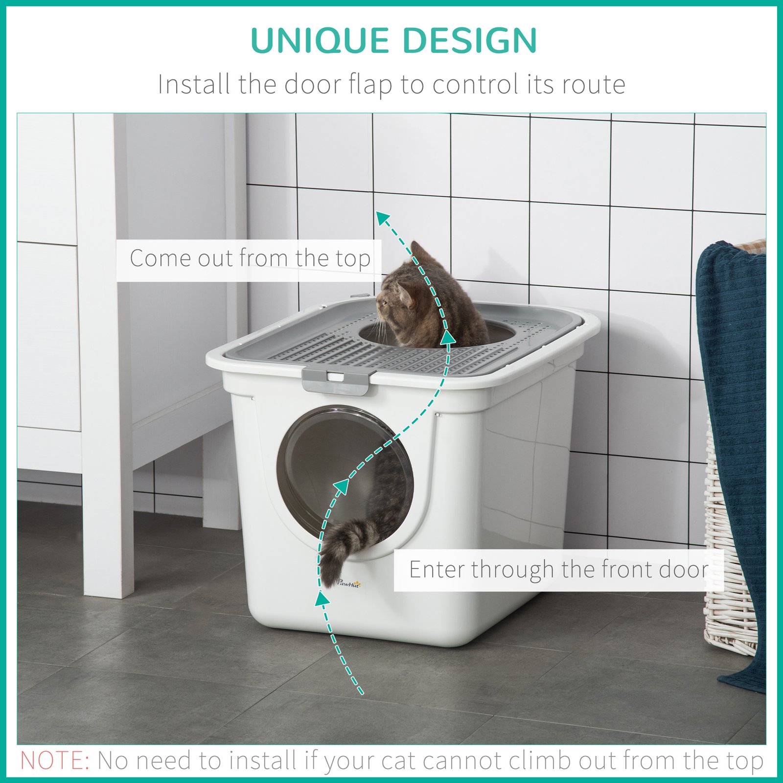 Cat Litter Box, Pet Toilet, Enclosed Kitten Pan with Front Entrance Top Exit, High Side, Scoop, White