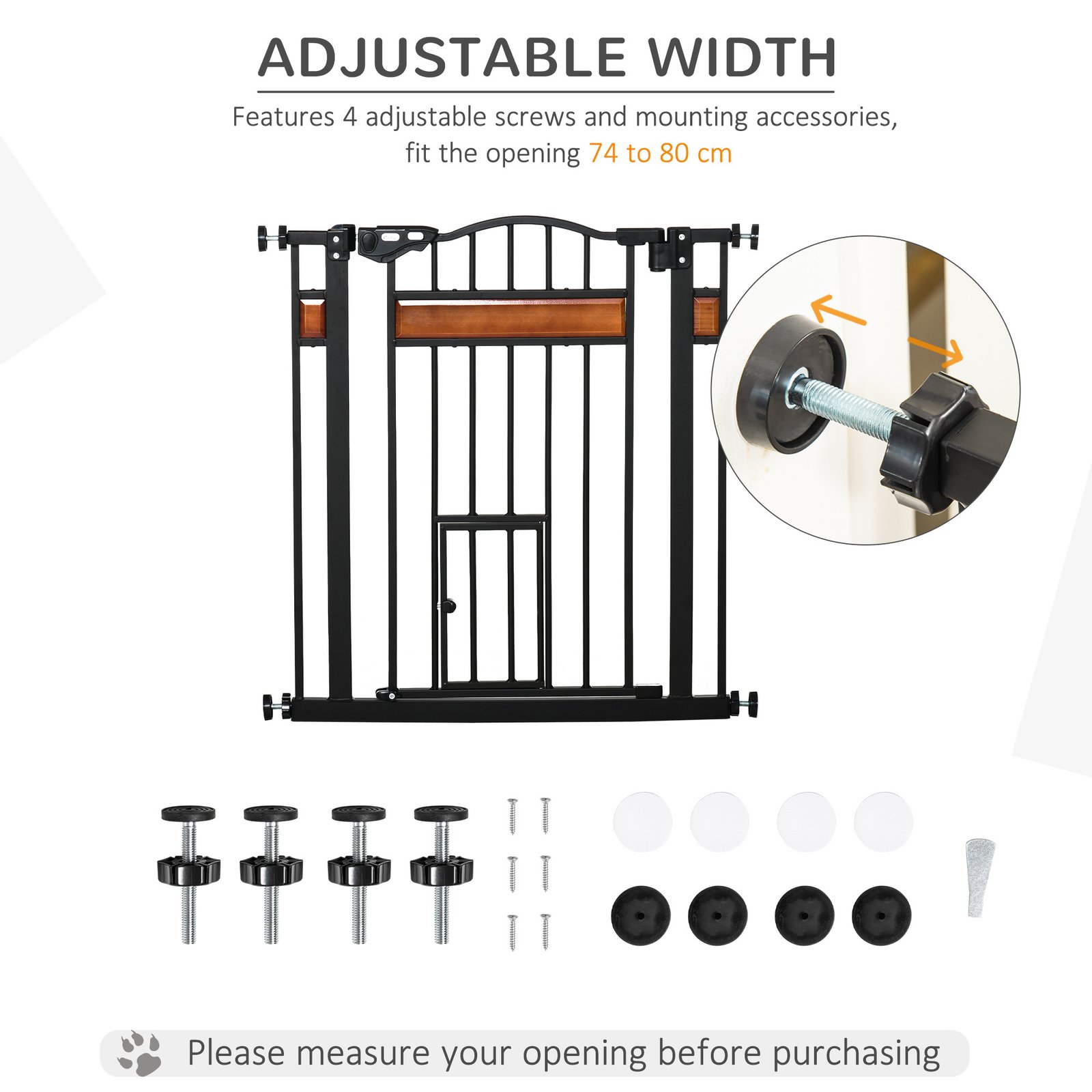 Pet Gate Safety Gate, with Cat Flap, Auto Close, for Staircases, Doorways, Hallways, 74-80cm Wide - Black - Image 6