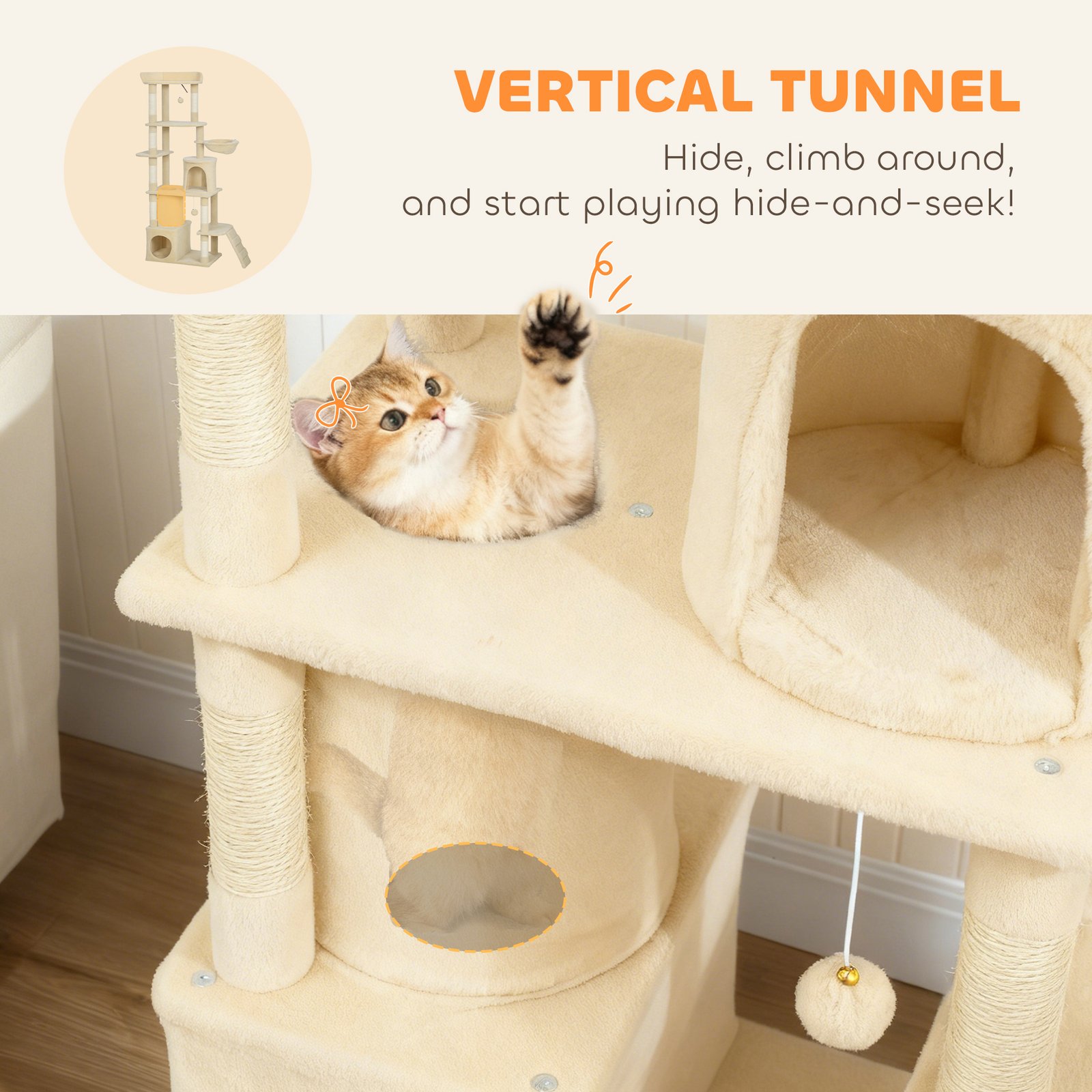 170 cm Large Cat Tree, Cat Tower with 7 Scratching Posts, Tunnel, 2 Condos, Hammock, Perch, Ramp, Pompoms, Beige - Image 6