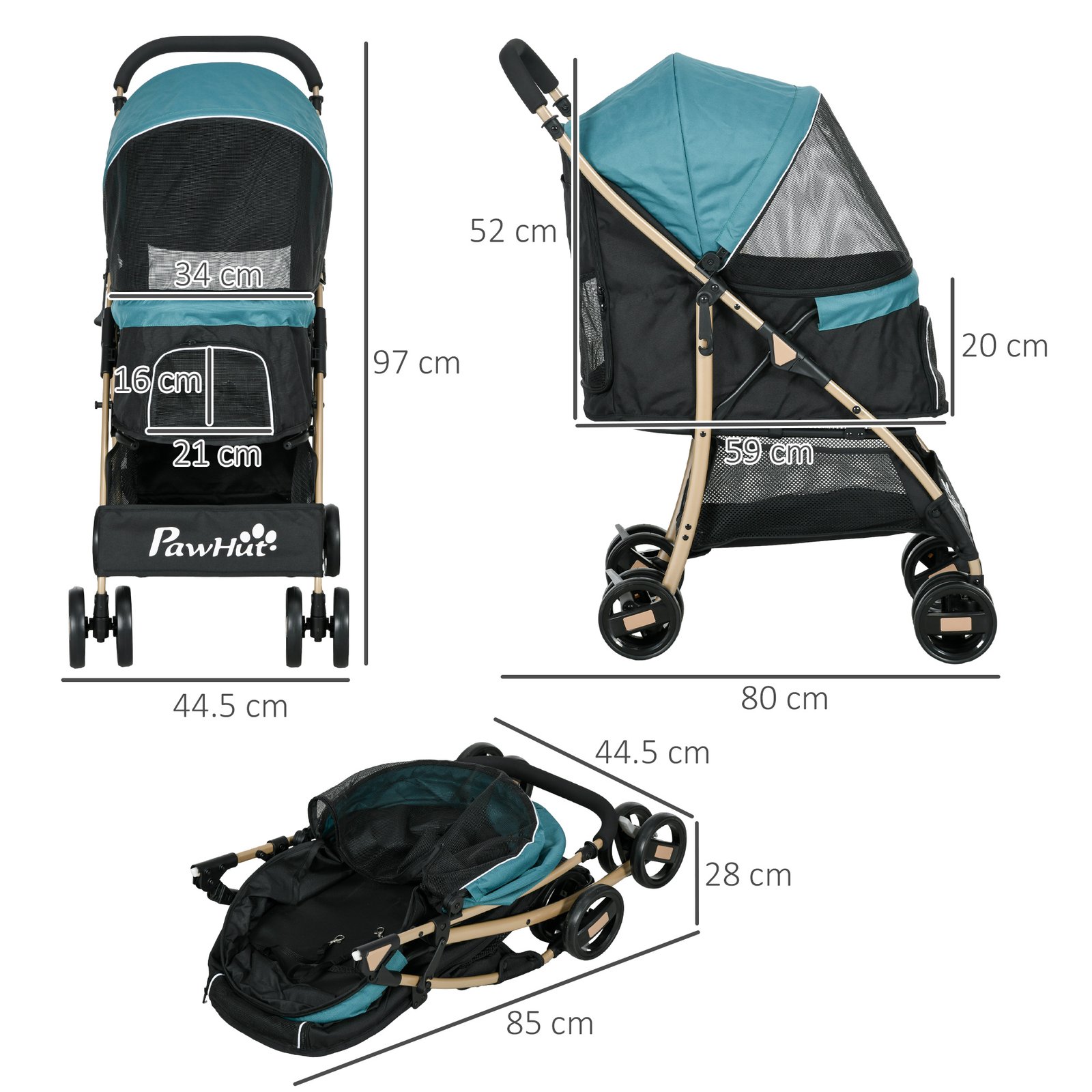 Pet Stroller for Small and Miniature Dogs, with Rain Cover - Dark Green - Image 3