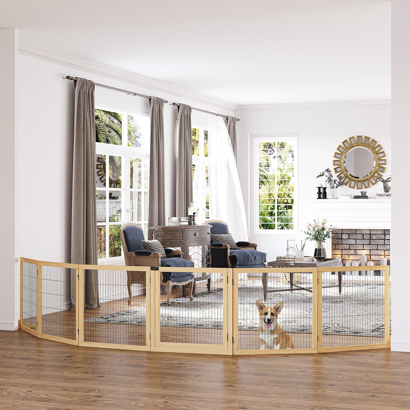 Wooden Pet Gate, Freestanding Dog Security Barrier with Two Support Feet - Natural Tone