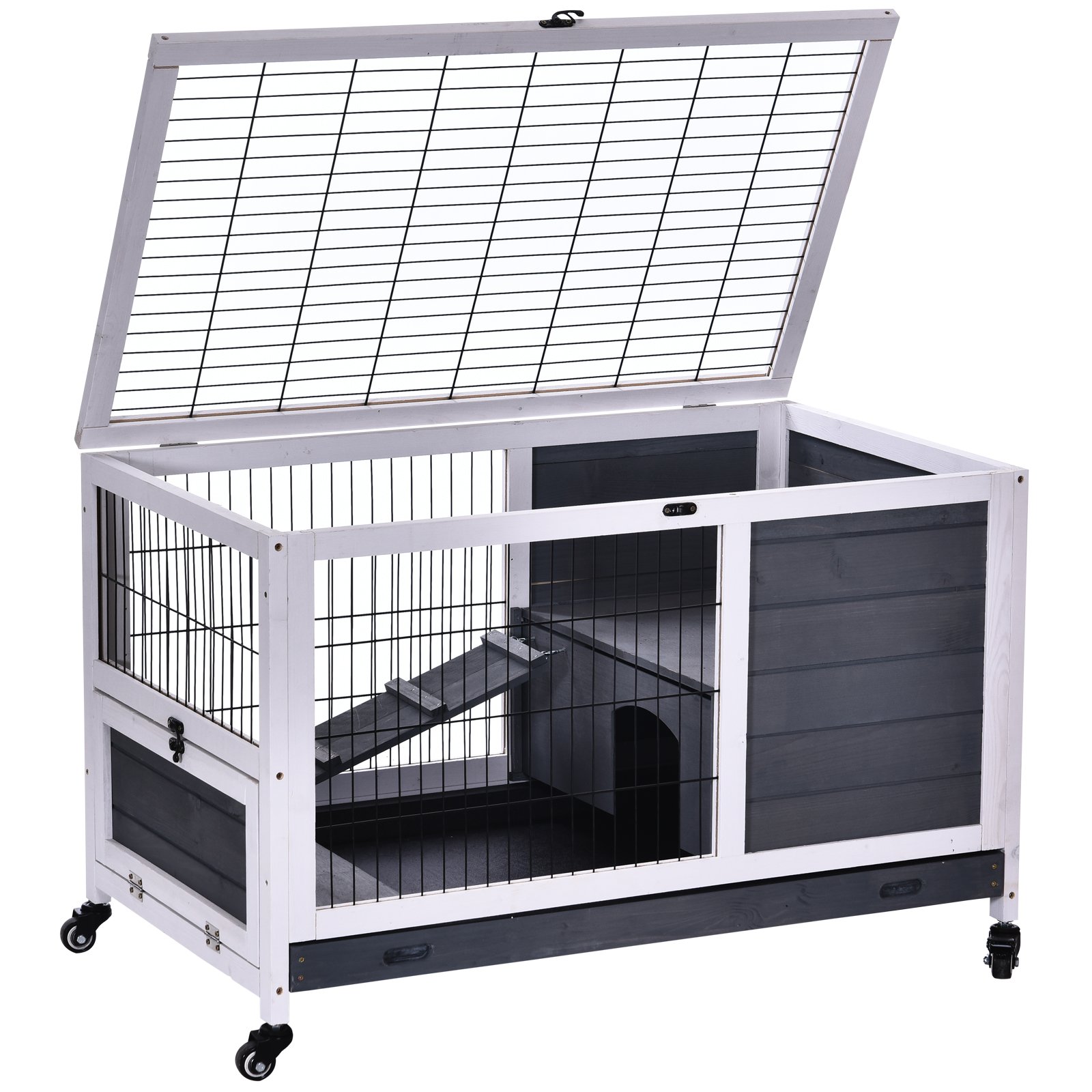Wooden Guinea Pig Hutch, 2-Floor Bunny Cage w/ Enclosed Run Area, Grey