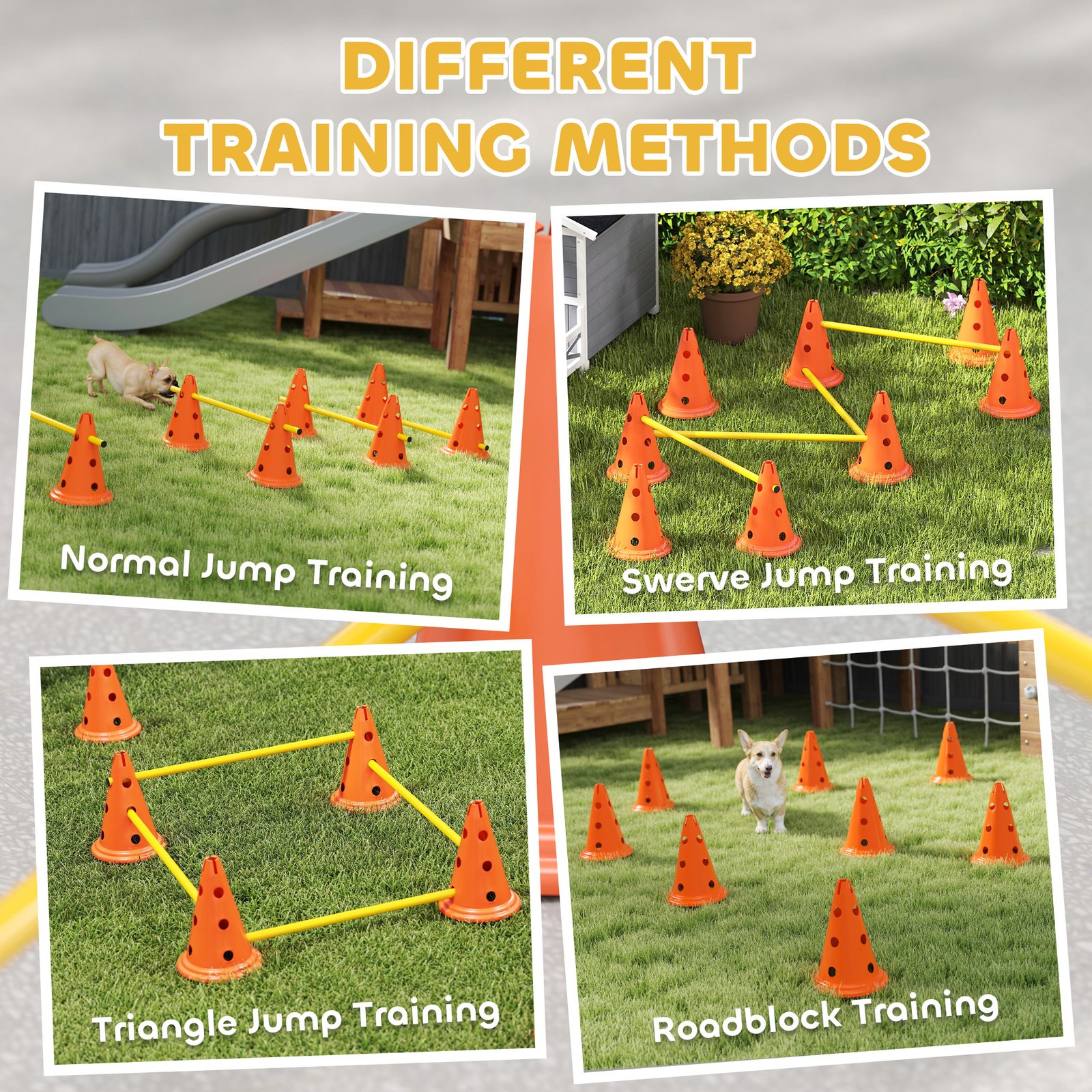 Dog Agility Equipment Set of Eight Cones, Eight Poles w/ Carry Bag, Four-Piece Adjustable Height Jumping Obstacles - Image 5