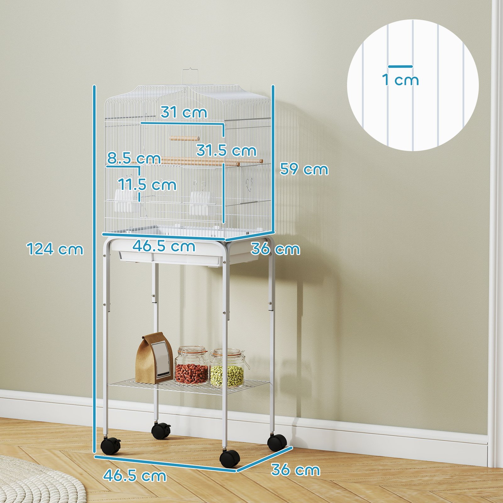 Bird Cage Budgie Cages for Finch Canary Parakeet with Stand Wheels Slide-out Tray Accessories Storage Shelf, White
