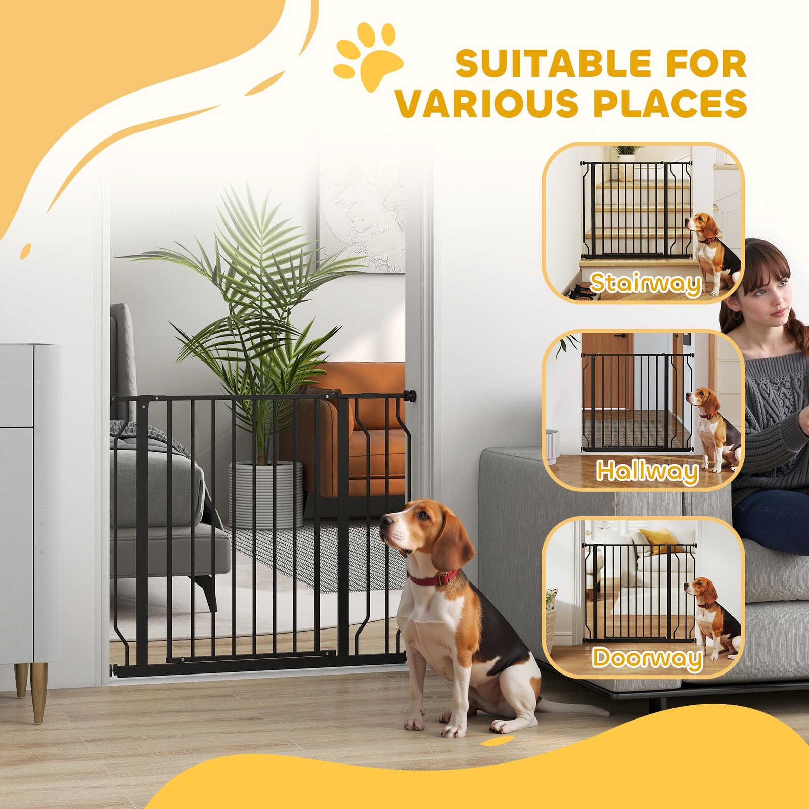 Wide Dog Safety Gate, with Door Pressure, for Doorways, Hallways, Staircases - Black