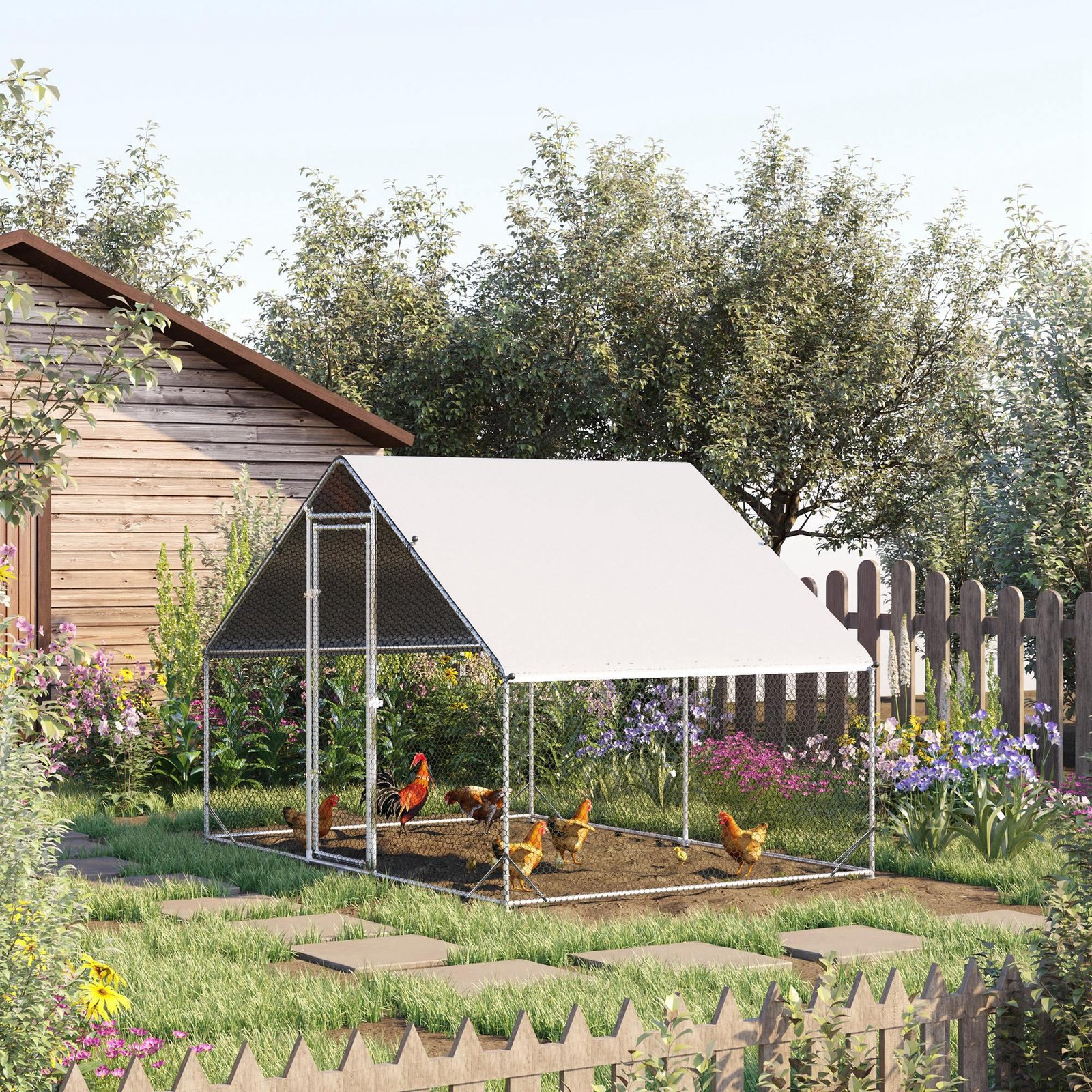 Chicken Run Galvanised 3 x 2 x 2m Walk-in Chicken Coop Hen Poultry House Cage with Water-Resist Cover, Silver