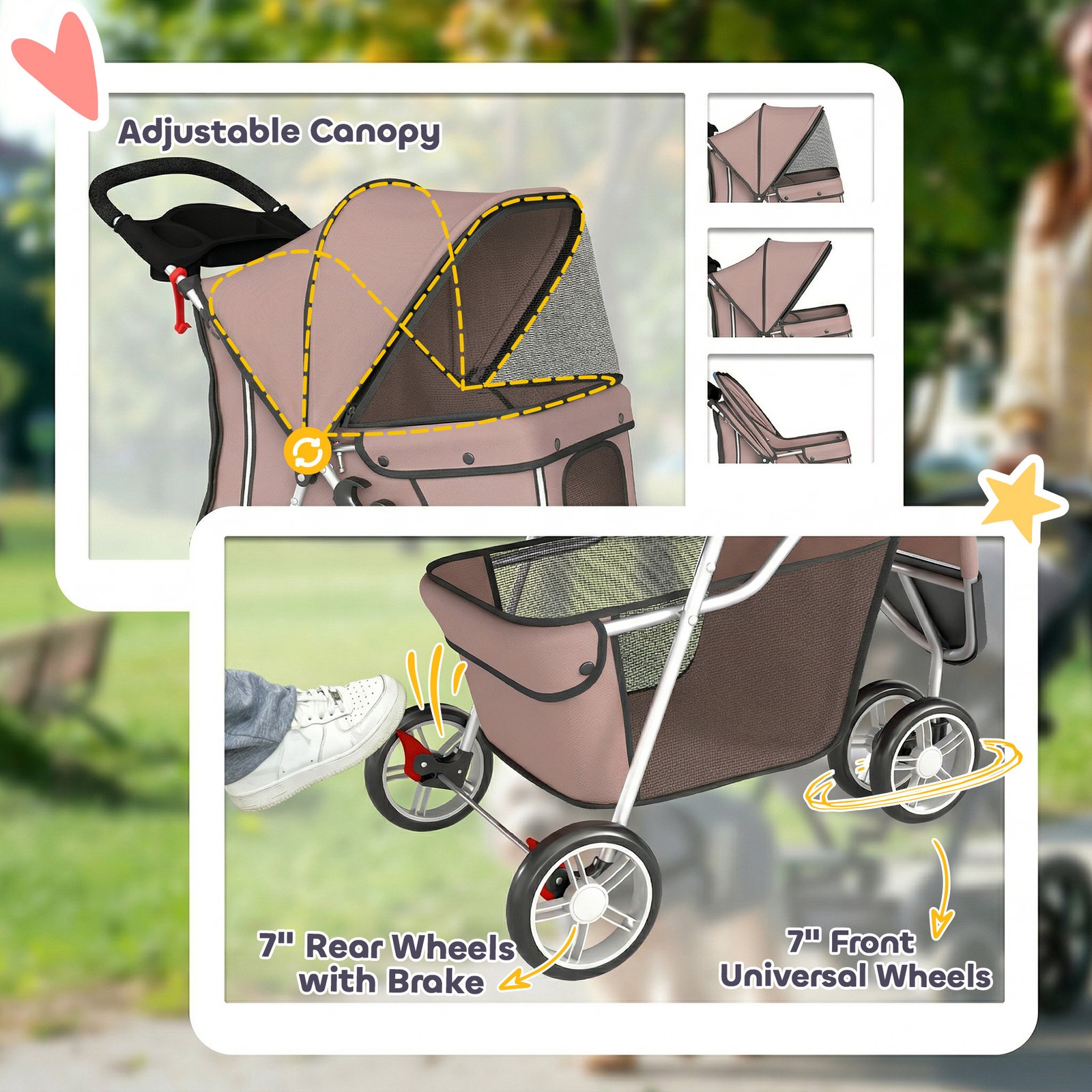 Dog Stroller, 3 Wheels Foldable Pet Stroller with Adjustable Canopy, Storage Basket for Small Mini Breeds, Coffee - Image 6
