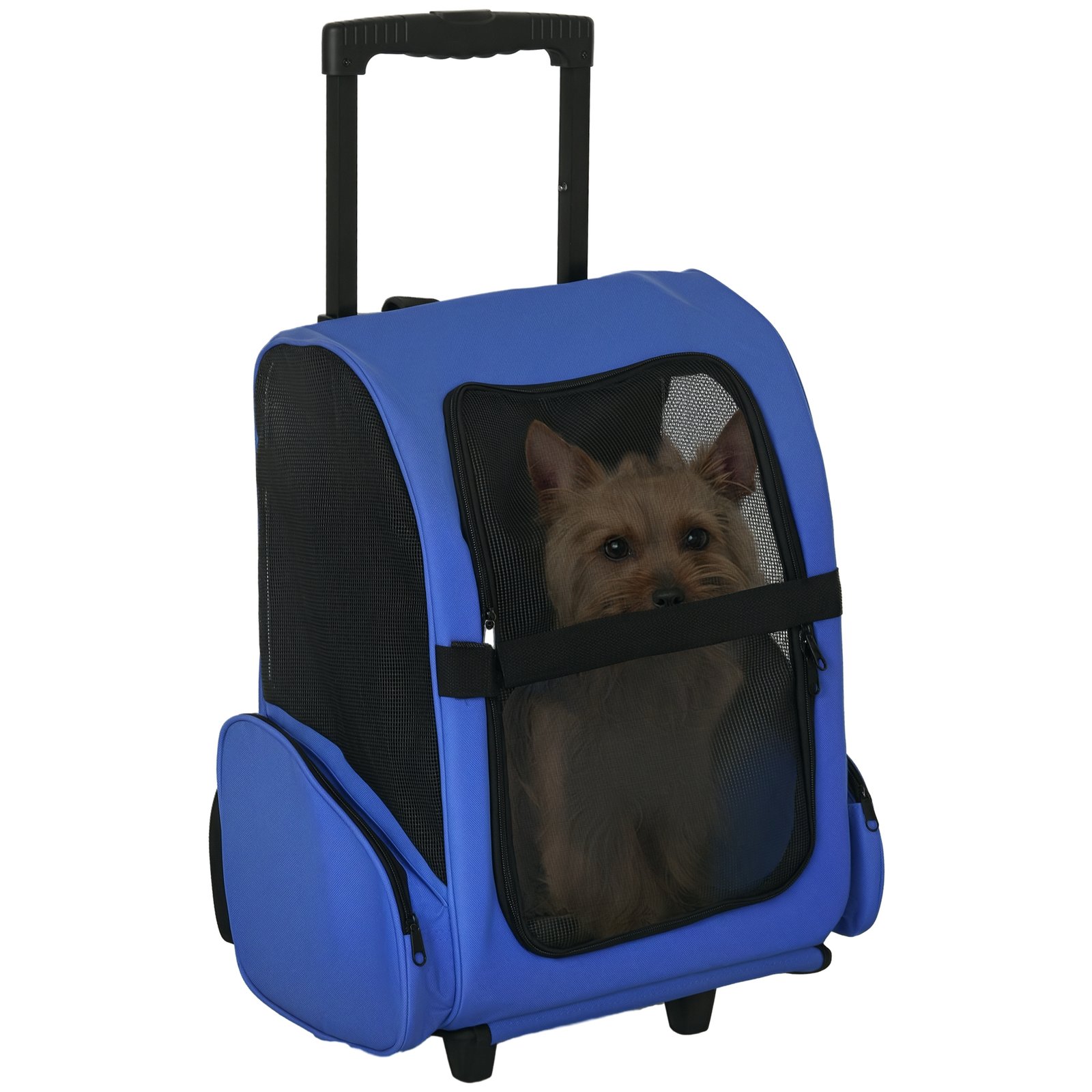 2 in 1 Dog Backpack and Trolley, Pet Travel Backpack Cat Dog Carrier with Telescopic Handle, Portable Pet Stroller Wheel Luggage Bag (Blue)