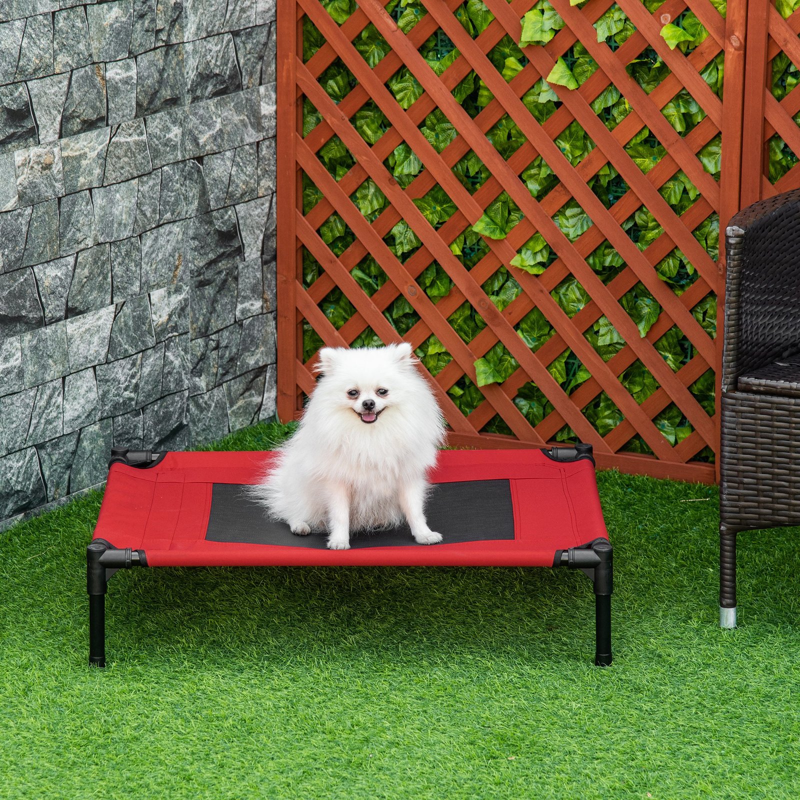 Raised Dog Bed, Lightweight Cat Elevated Lifted Portable w/ Breathable Mesh, Metal Frame for Camping Beach Travel Use Black and Red (Medium)