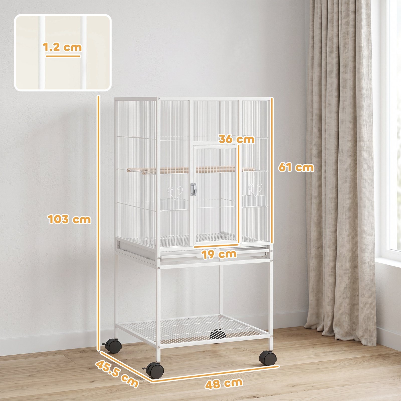 Bird Cage Detachable with Rolling Stand Parrot Cage with Storage Shelf White