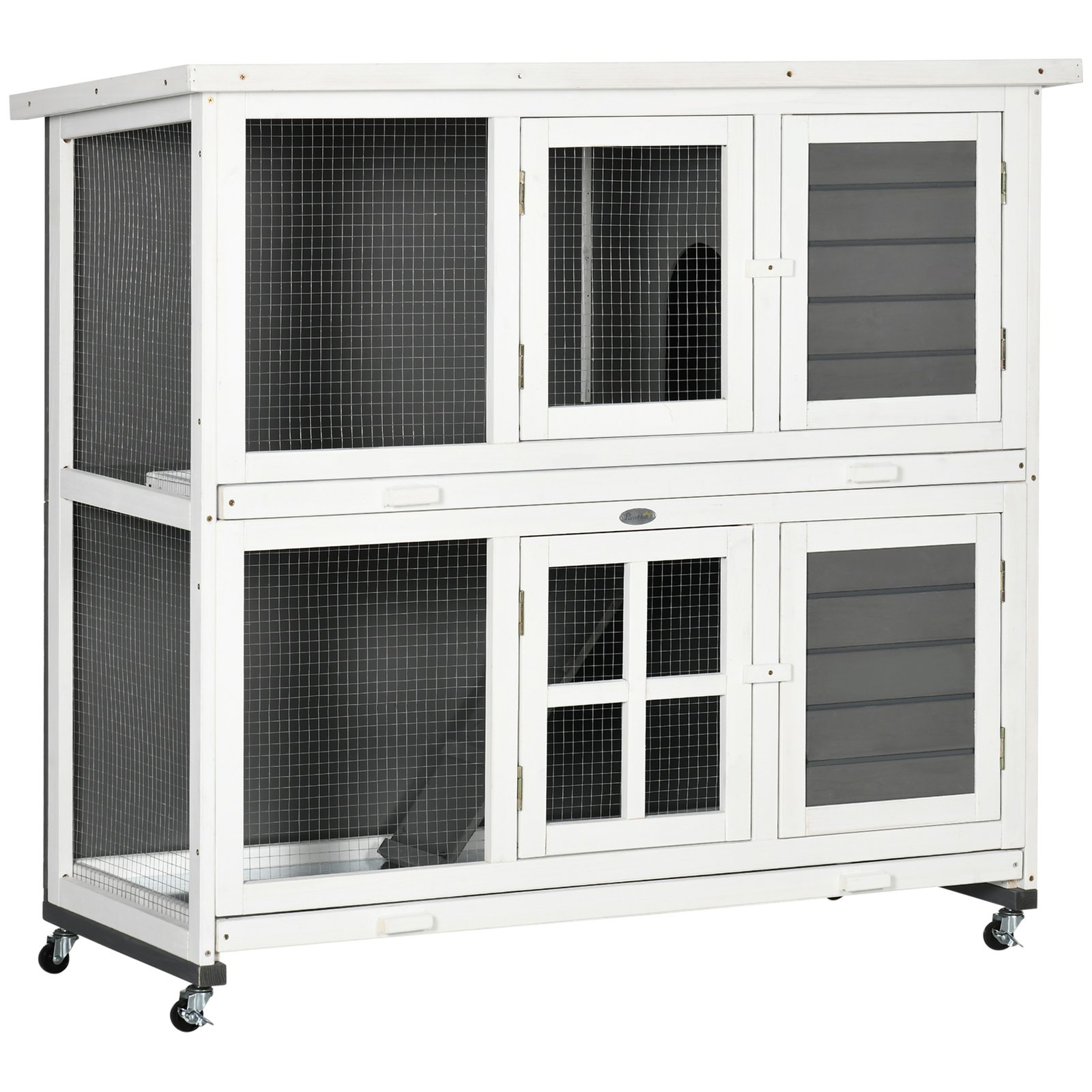 Wooden Rabbit Hutch, Two-Tier Guinea Pig Cage, with Removable Tray, Wheels