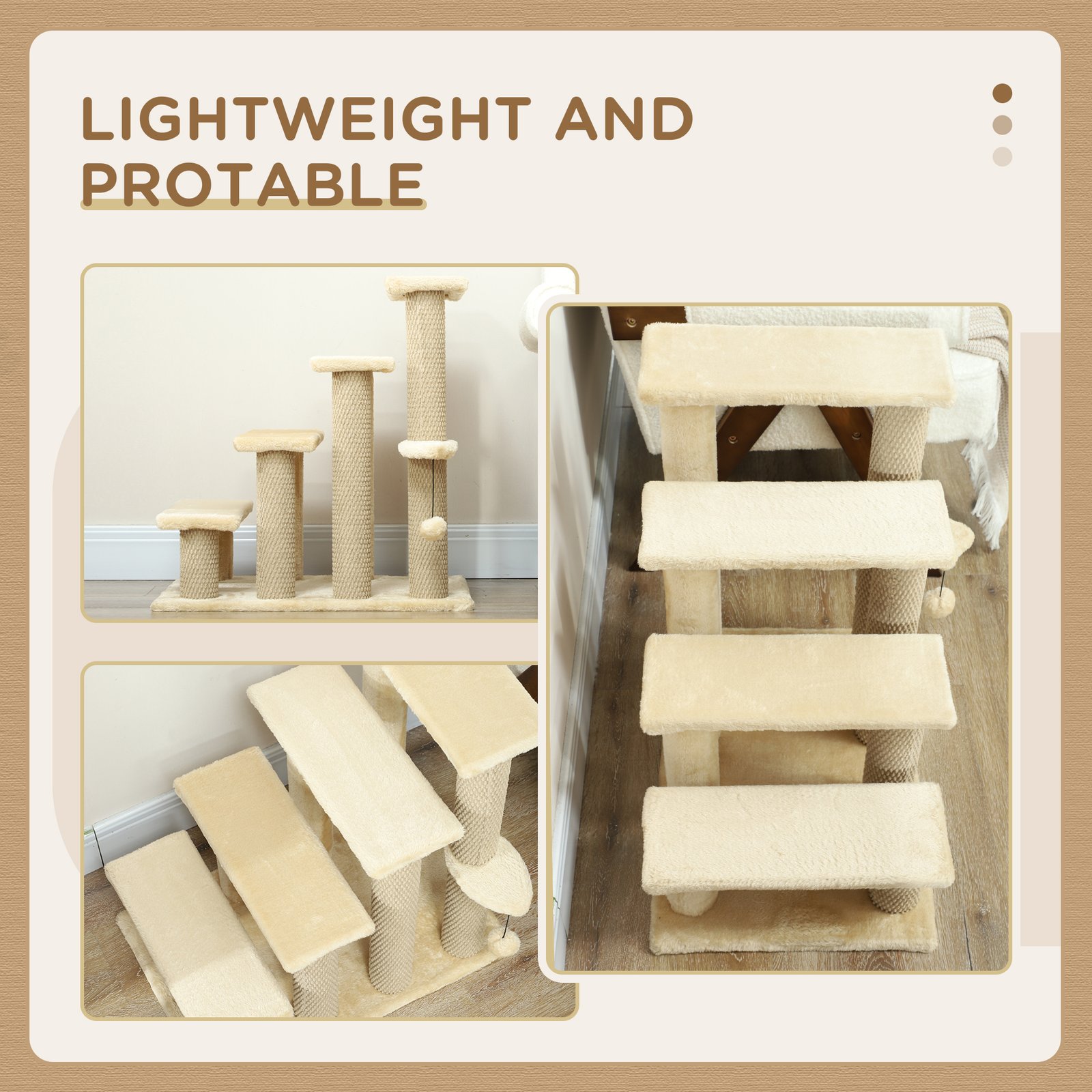 4-step Pet Stairs with Scratching Posts, Platforms, Toy Ball, Beige - Image 7