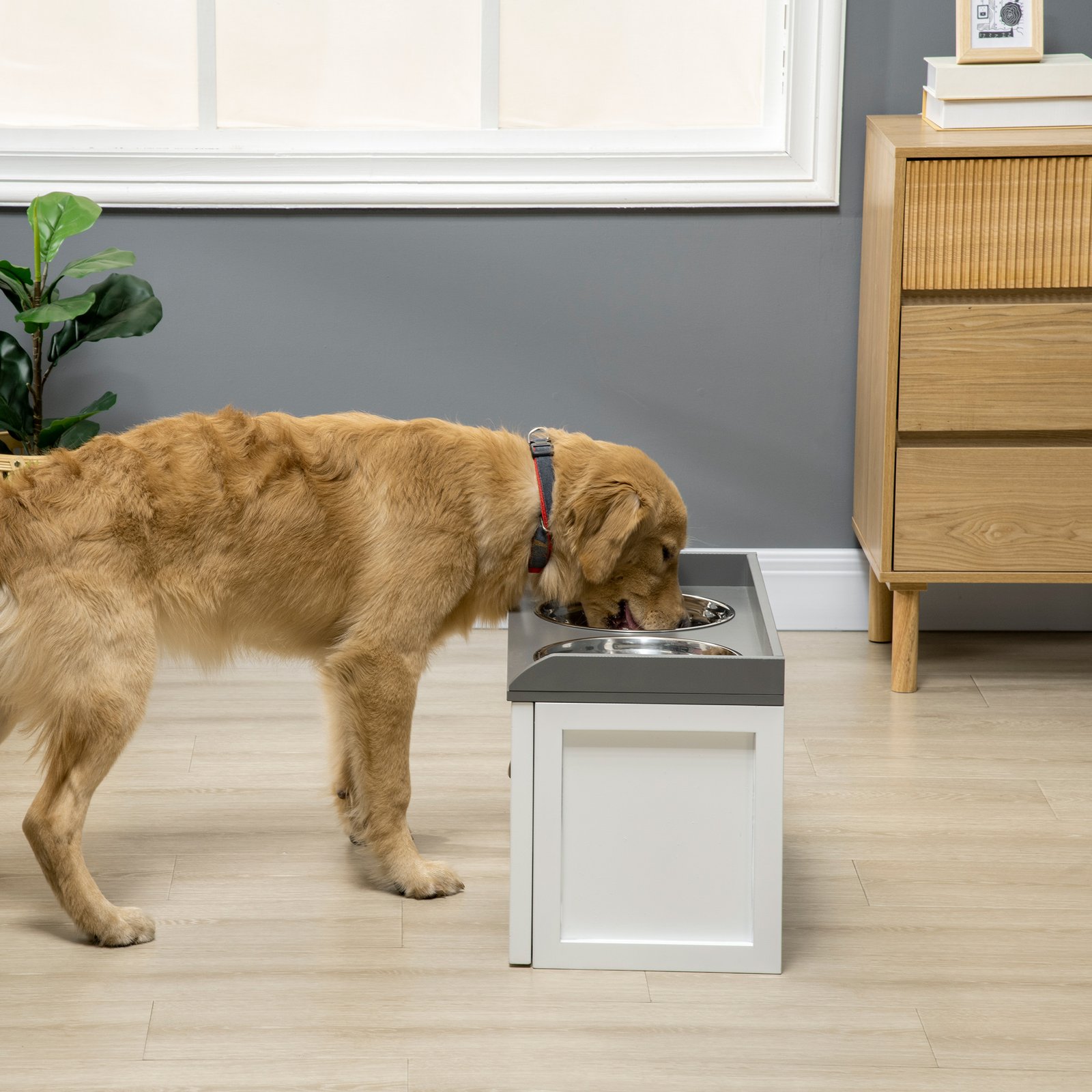 Stainless Steel Raised Dog Bowls, with 21L Storage Drawer for Large Dogs and Cats - White - Image 9